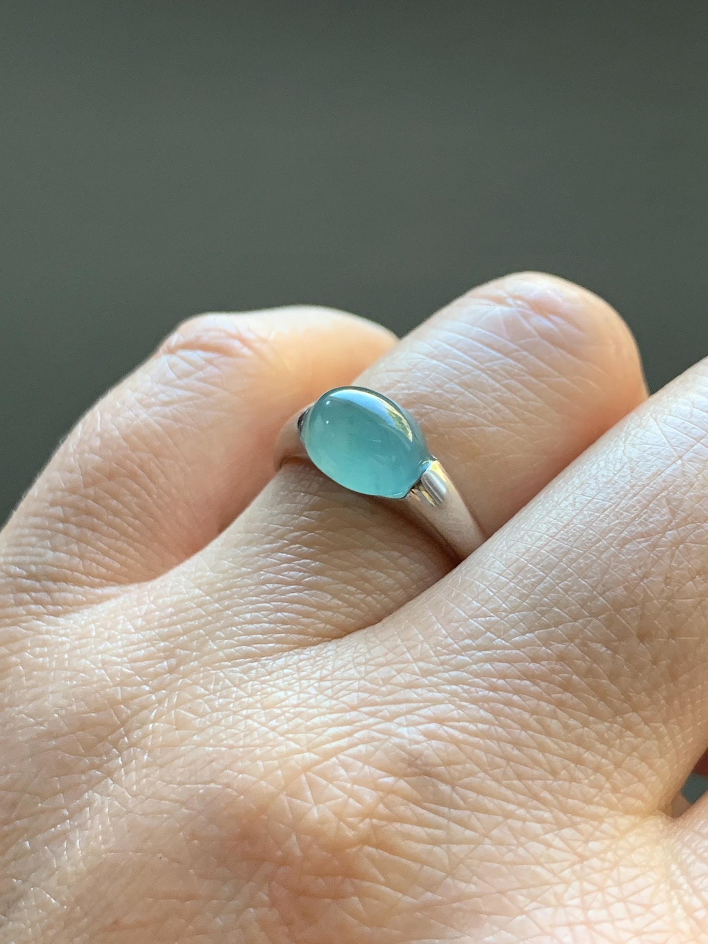 Natural Grade A Guatemalan Icy Translucent Teal Blue Oval Cabochon Jade Jadeite Ring Sterling Silver Size Adjustable 天然冰危蓝绿翡翠银镶戒指 JDX223B