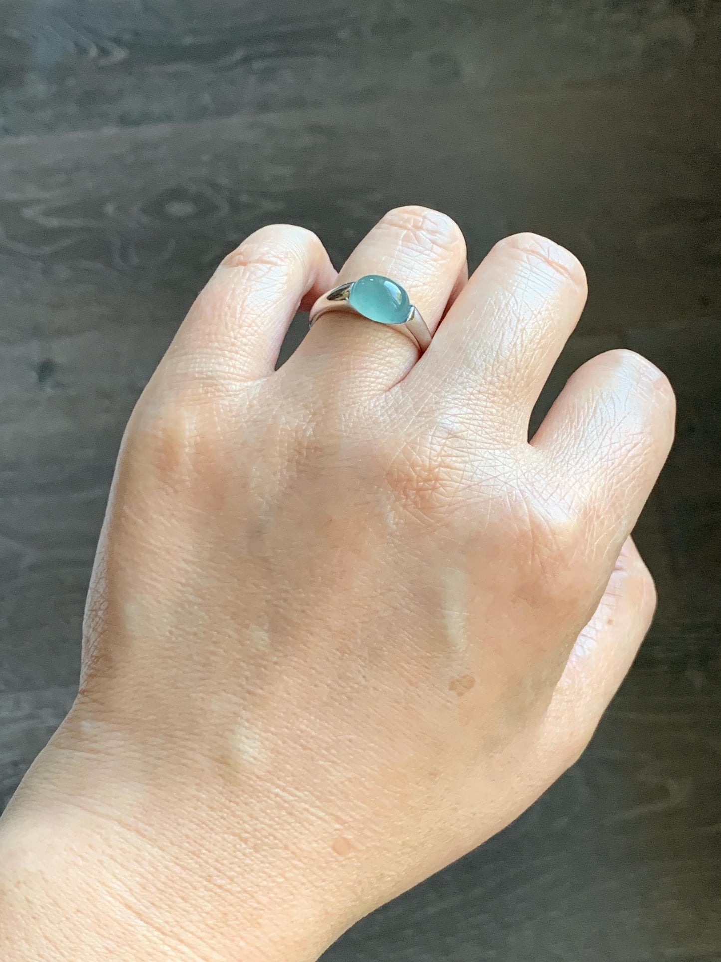 Natural Grade A Guatemalan Icy Translucent Teal Blue Oval Cabochon Jade Jadeite Ring Sterling Silver Size Adjustable 天然冰危蓝绿翡翠银镶戒指 JDX223B