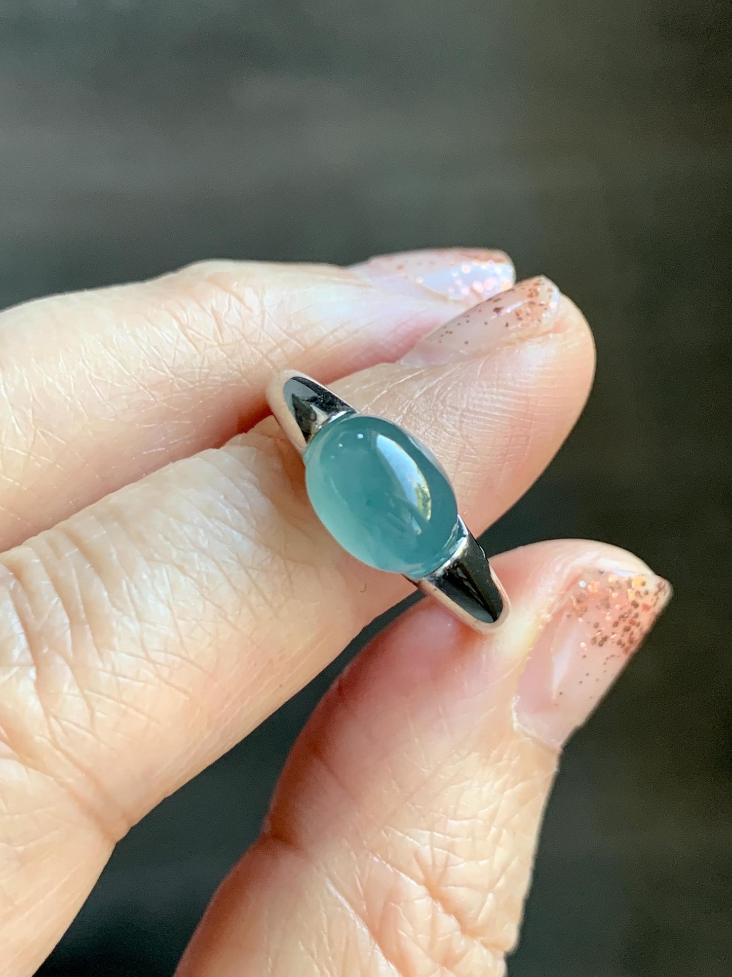 Natural Grade A Guatemalan Icy Translucent Teal Blue Oval Cabochon Jade Jadeite Ring Sterling Silver Size Adjustable 天然冰危蓝绿翡翠银镶戒指 JDX223B