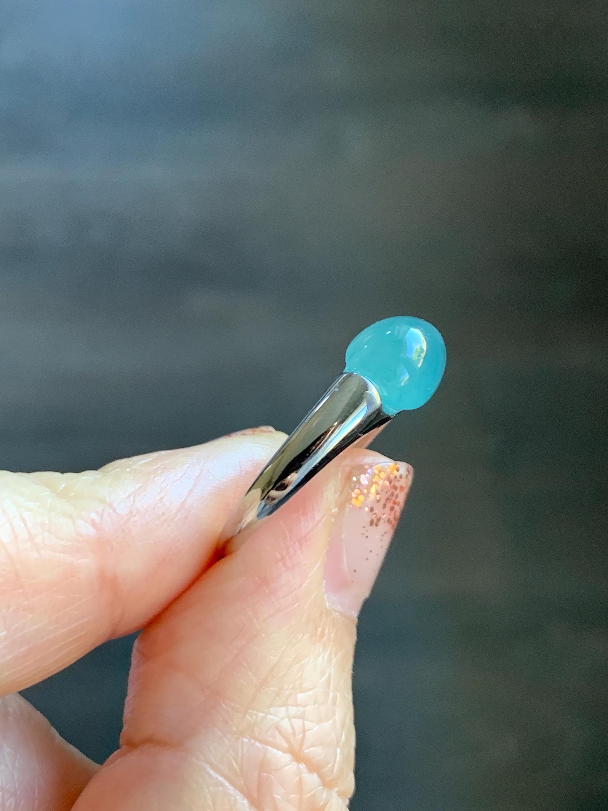 Natural Grade A Guatemalan Icy Translucent Teal Blue Oval Cabochon Jade Jadeite Ring Sterling Silver Size Adjustable 天然冰危蓝绿翡翠银镶戒指 JDX223B
