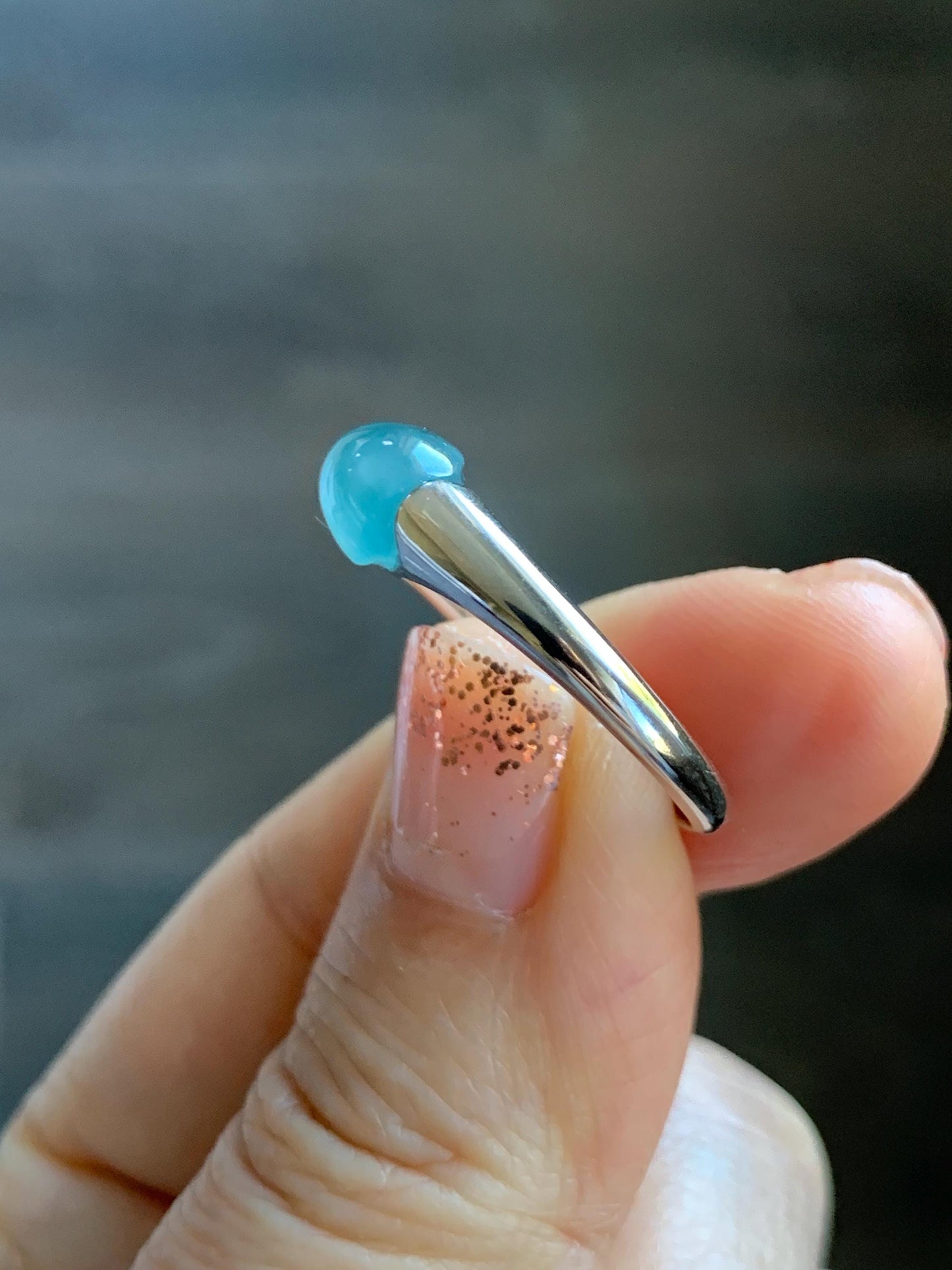 Natural Grade A Guatemalan Icy Translucent Teal Blue Oval Cabochon Jade Jadeite Ring Sterling Silver Size Adjustable 天然冰危蓝绿翡翠银镶戒指 JDX223B