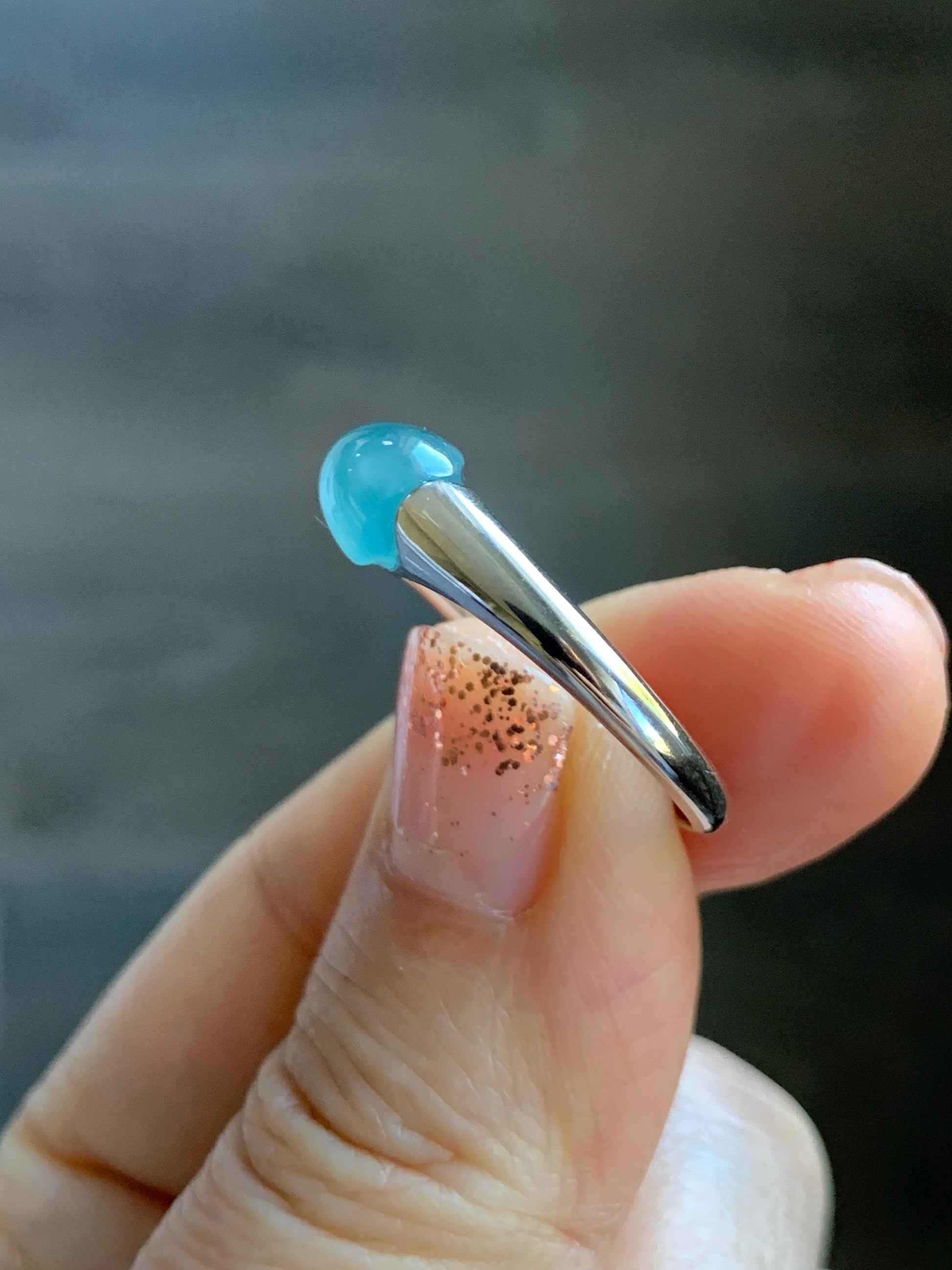 Natural Grade A Guatemalan Icy Translucent Teal Blue Oval Cabochon Jade Jadeite Ring Sterling Silver Size Adjustable 天然冰危蓝绿翡翠银镶戒指 JDX223B
