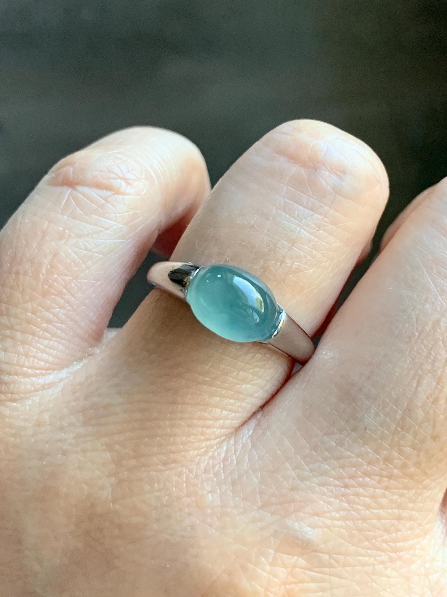 Natural Grade A Guatemalan Icy Translucent Teal Blue Oval Cabochon Jade Jadeite Ring Sterling Silver Size Adjustable 天然冰危蓝绿翡翠银镶戒指 JDX223B