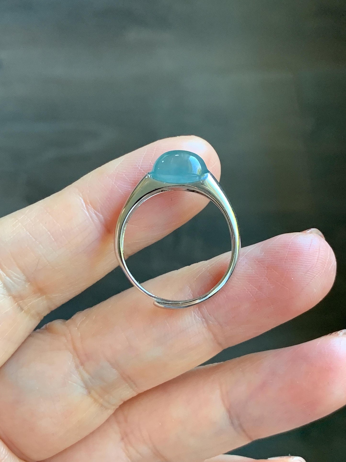 Natural Grade A Guatemalan Icy Translucent Teal Blue Oval Cabochon Jade Jadeite Ring Sterling Silver Size Adjustable 天然冰危蓝绿翡翠银镶戒指 JDX223B