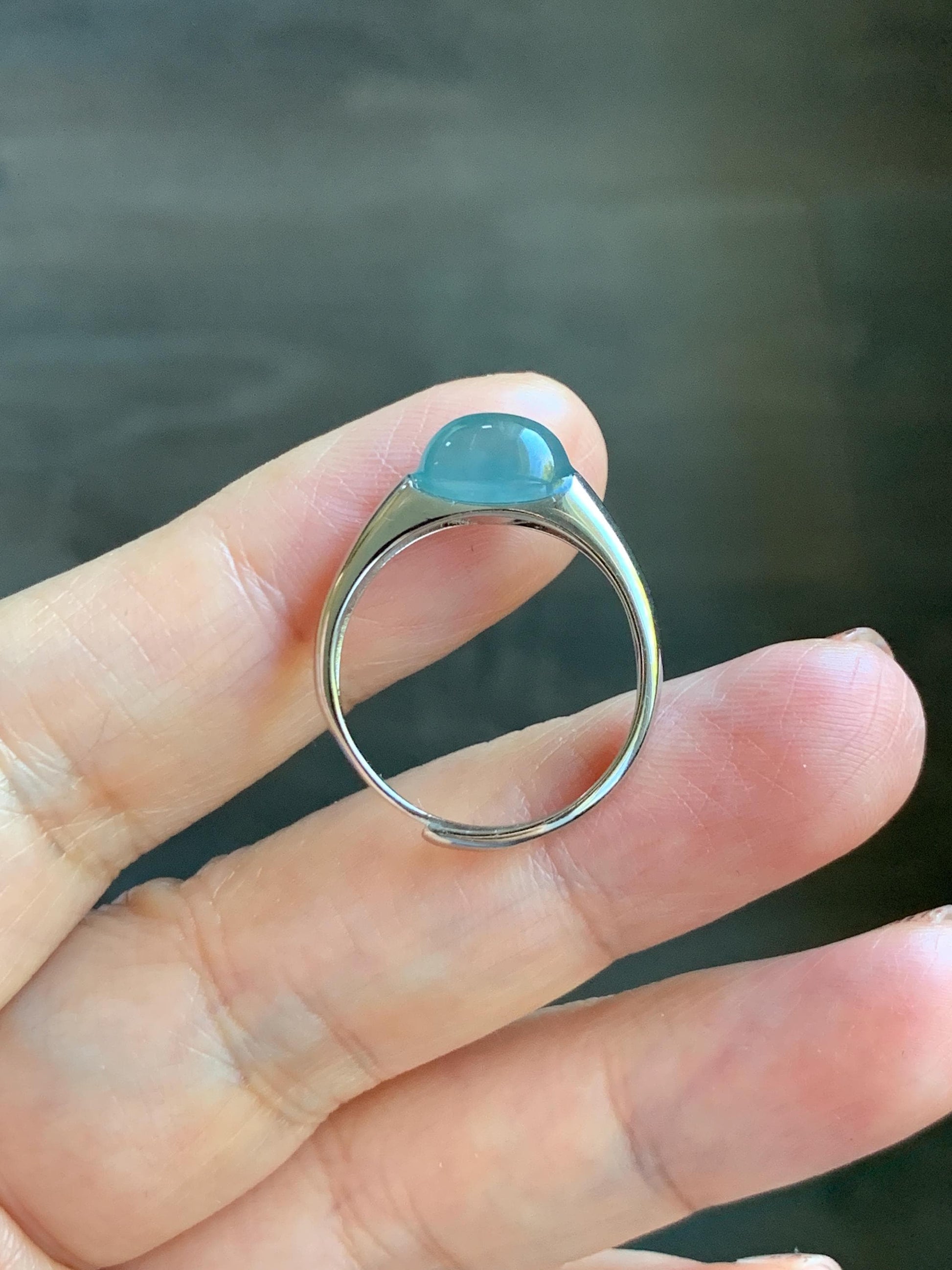 Natural Grade A Guatemalan Icy Translucent Teal Blue Oval Cabochon Jade Jadeite Ring Sterling Silver Size Adjustable 天然冰危蓝绿翡翠银镶戒指 JDX223B