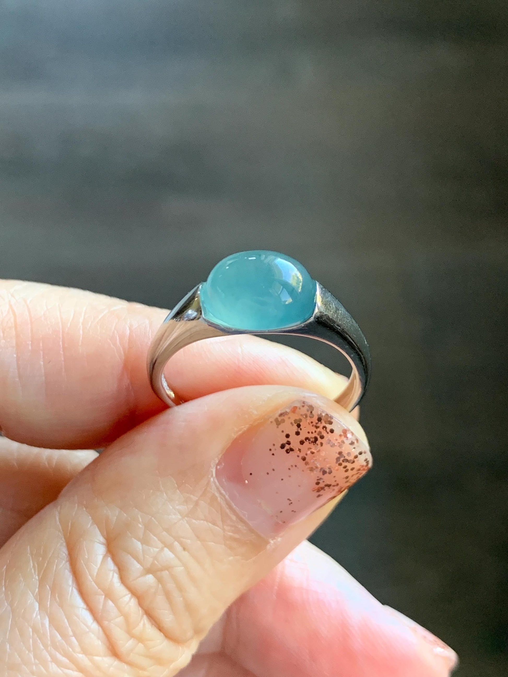 Natural Grade A Guatemalan Icy Translucent Teal Blue Oval Cabochon Jade Jadeite Ring Sterling Silver Size Adjustable 天然冰危蓝绿翡翠银镶戒指 JDX223B