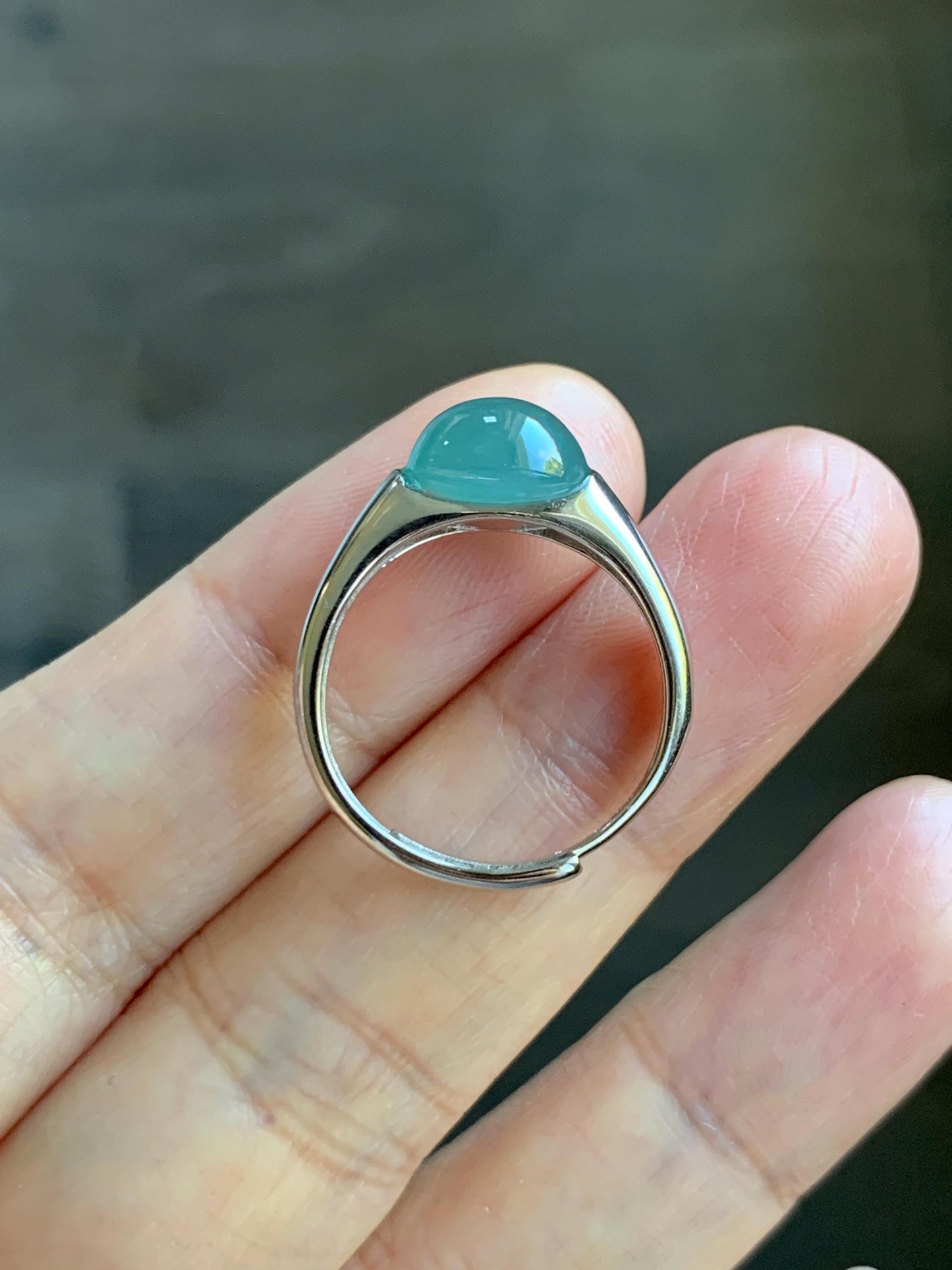 Natural Grade A Guatemalan Icy Translucent Teal Blue Oval Cabochon Jade Jadeite Ring Sterling Silver Size Adjustable 天然冰危蓝绿翡翠银镶戒指 JDX223C