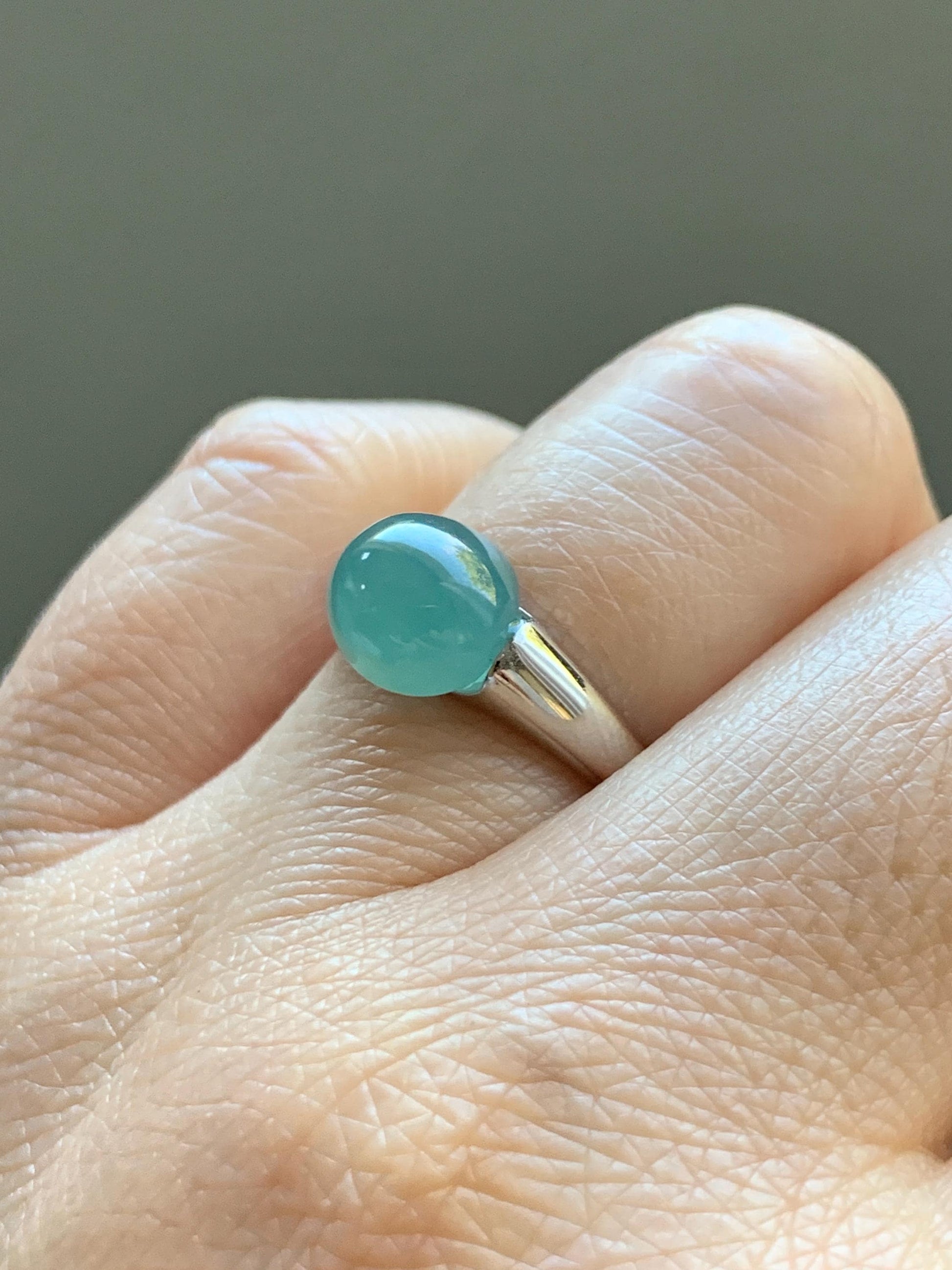 Natural Grade A Guatemalan Icy Translucent Teal Blue Oval Cabochon Jade Jadeite Ring Sterling Silver Size Adjustable 天然冰危蓝绿翡翠银镶戒指 JDX223C