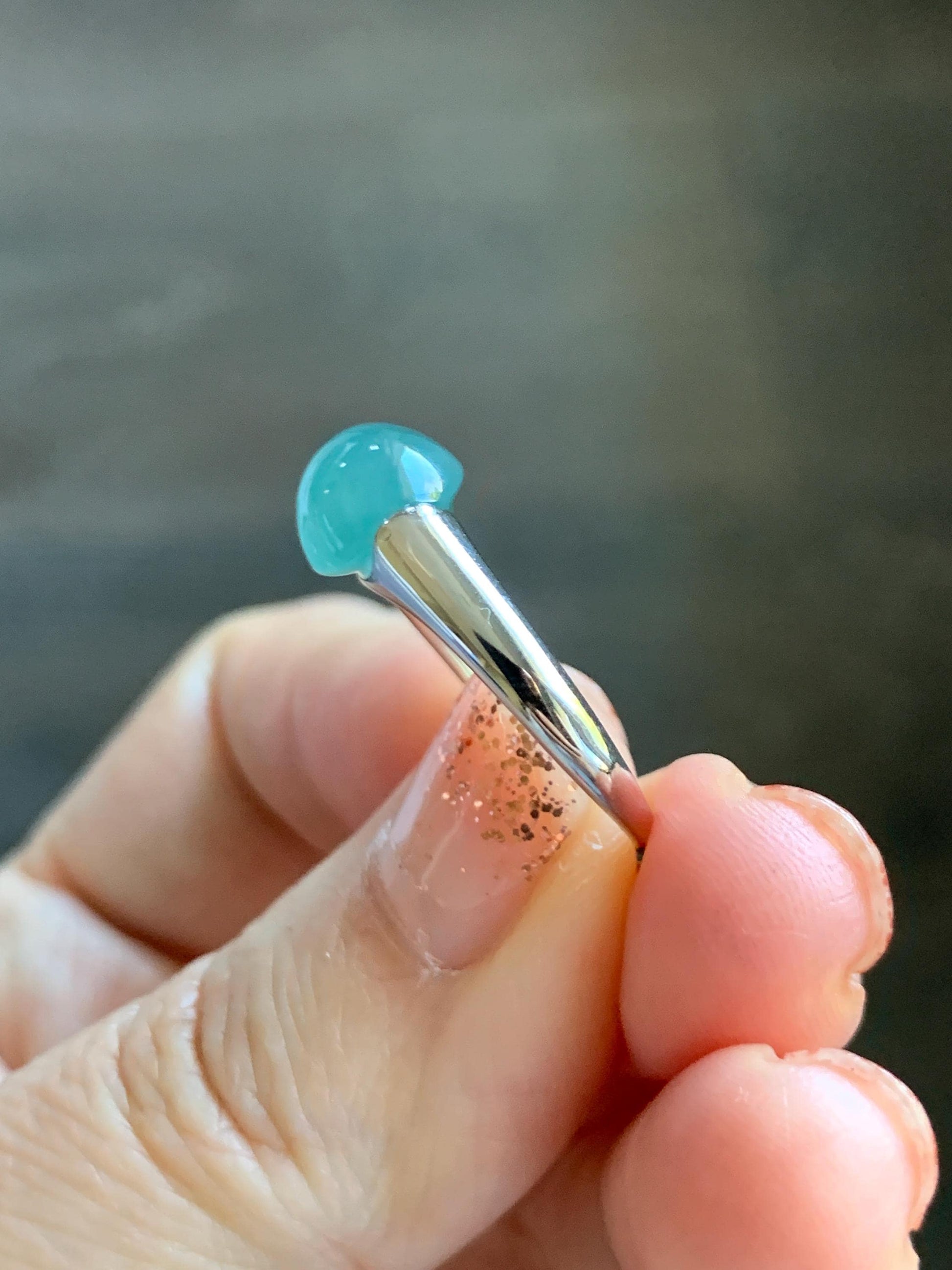 Natural Grade A Guatemalan Icy Translucent Teal Blue Oval Cabochon Jade Jadeite Ring Sterling Silver Size Adjustable 天然冰危蓝绿翡翠银镶戒指 JDX223C