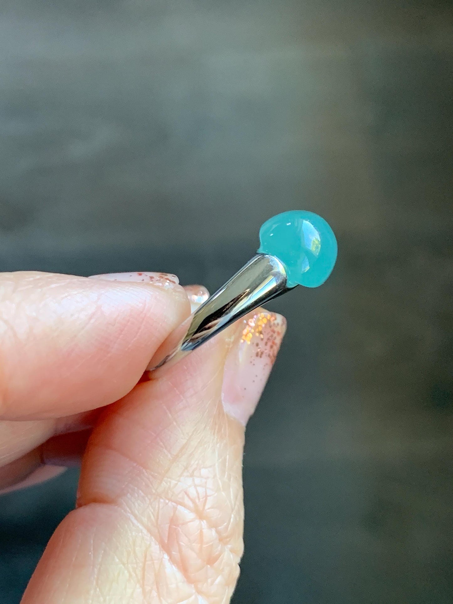 Natural Grade A Guatemalan Icy Translucent Teal Blue Oval Cabochon Jade Jadeite Ring Sterling Silver Size Adjustable 天然冰危蓝绿翡翠银镶戒指 JDX223C