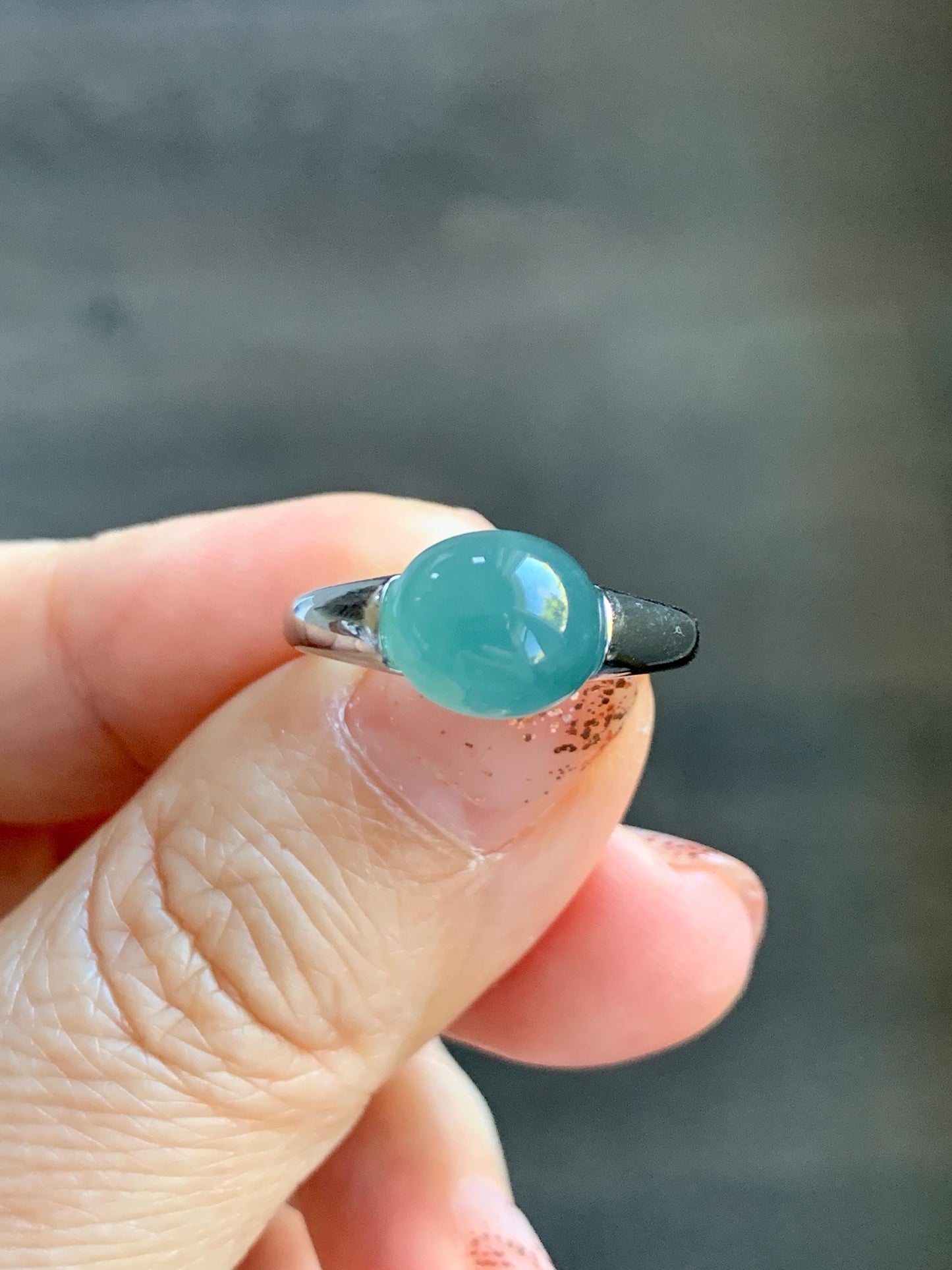 Natural Grade A Guatemalan Icy Translucent Teal Blue Oval Cabochon Jade Jadeite Ring Sterling Silver Size Adjustable 天然冰危蓝绿翡翠银镶戒指 JDX223C