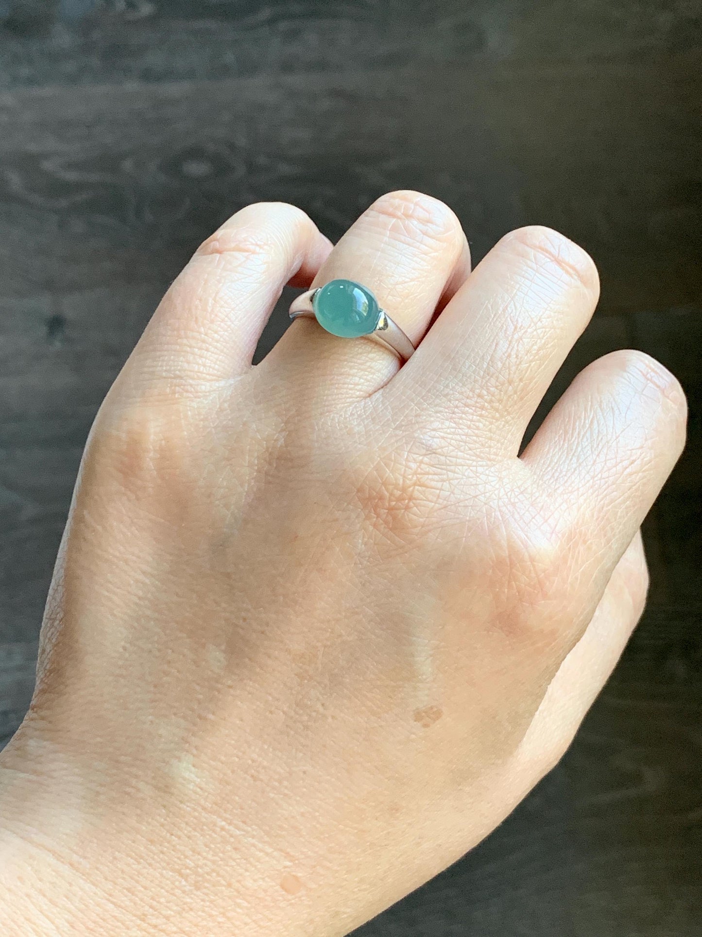 Natural Grade A Guatemalan Icy Translucent Teal Blue Oval Cabochon Jade Jadeite Ring Sterling Silver Size Adjustable 天然冰危蓝绿翡翠银镶戒指 JDX223C