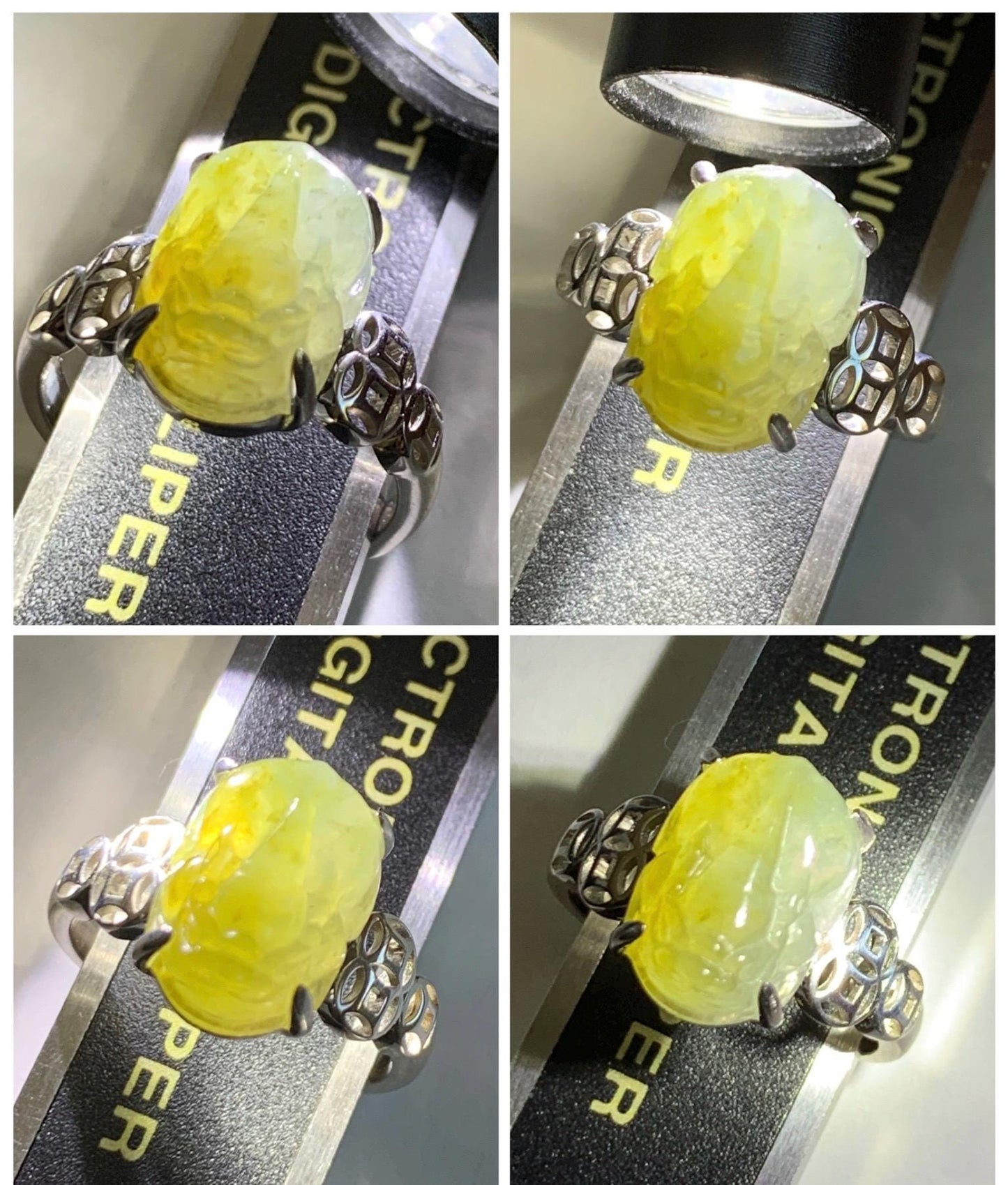 Certified Natural Grade A Icy Highly Translucent Bright Yellow Jade Jadeite Pixiu Ring Sterling Silver size 7.25 US 4.55g 天然冰胶黄翡翠貔貅银镶戒指 182