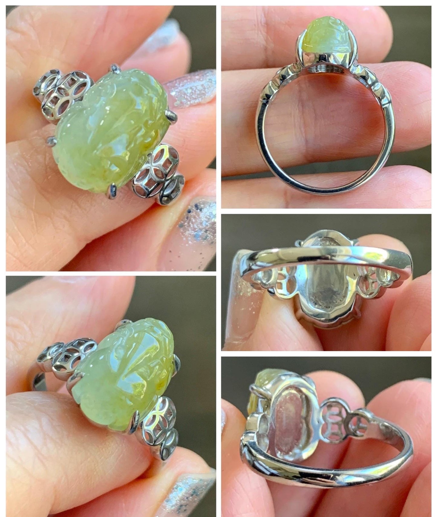 Certified Natural Grade A Icy Highly Translucent Bright Yellow Jade Jadeite Pixiu Ring Sterling Silver size 7.25 US 4.55g 天然冰胶黄翡翠貔貅银镶戒指 182