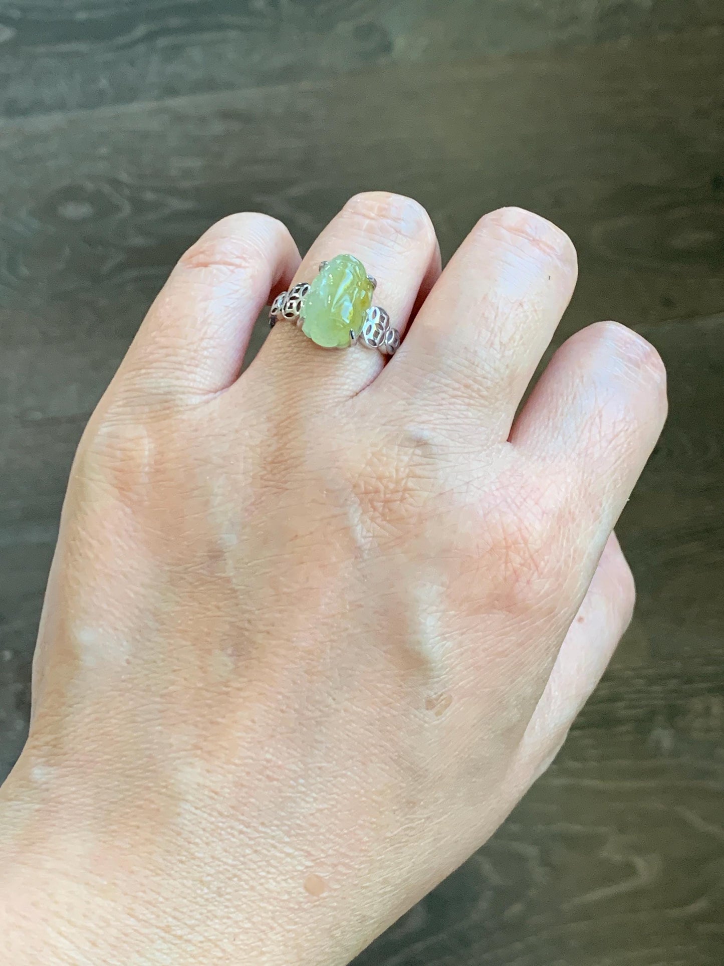 Certified Natural Grade A Icy Highly Translucent Bright Yellow Jade Jadeite Pixiu Ring Sterling Silver size 7.25 US 4.55g 天然冰胶黄翡翠貔貅银镶戒指 182