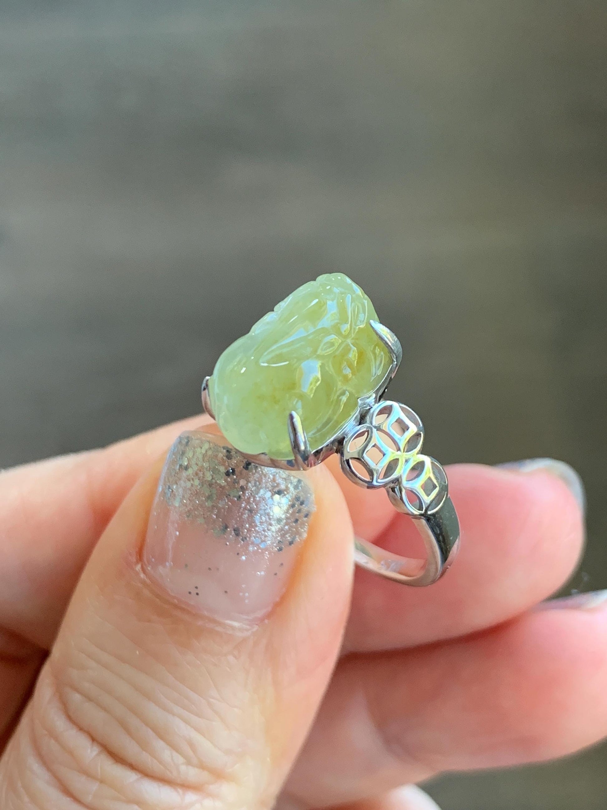 Certified Natural Grade A Icy Highly Translucent Bright Yellow Jade Jadeite Pixiu Ring Sterling Silver size 7.25 US 4.55g 天然冰胶黄翡翠貔貅银镶戒指 182