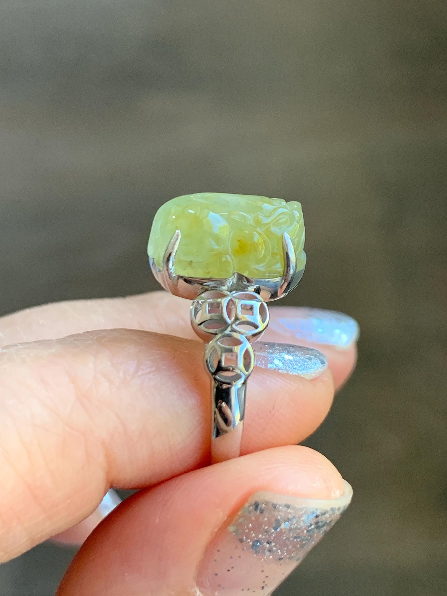Certified Natural Grade A Icy Highly Translucent Bright Yellow Jade Jadeite Pixiu Ring Sterling Silver size 7.25 US 4.55g 天然冰胶黄翡翠貔貅银镶戒指 182