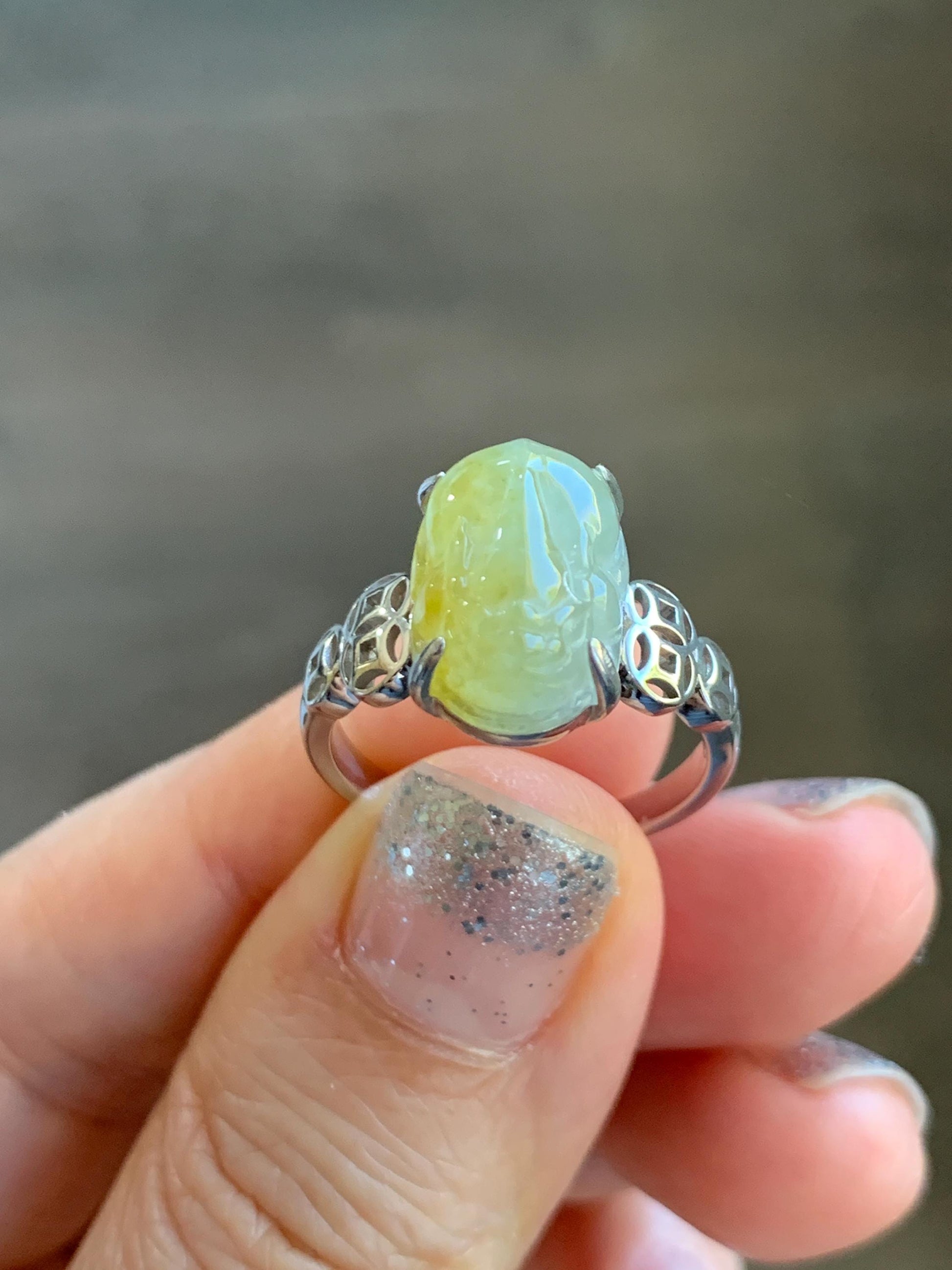 Certified Natural Grade A Icy Highly Translucent Bright Yellow Jade Jadeite Pixiu Ring Sterling Silver size 7.25 US 4.55g 天然冰胶黄翡翠貔貅银镶戒指 182