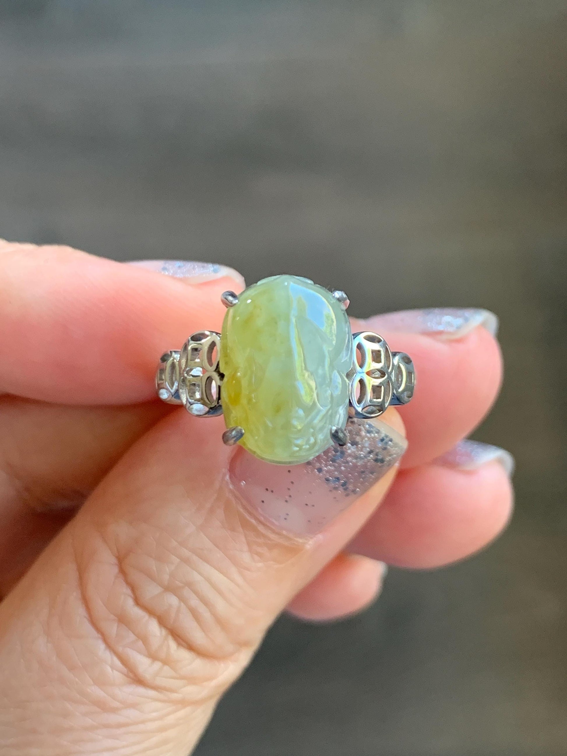 Certified Natural Grade A Icy Highly Translucent Bright Yellow Jade Jadeite Pixiu Ring Sterling Silver size 7.25 US 4.55g 天然冰胶黄翡翠貔貅银镶戒指 182