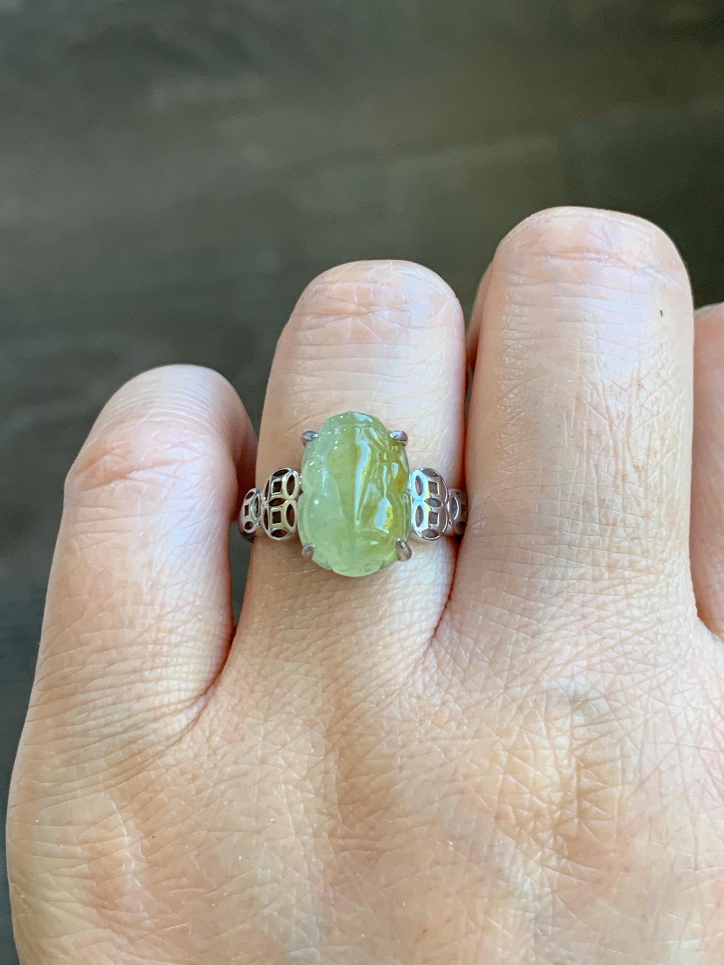Certified Natural Grade A Icy Highly Translucent Bright Yellow Jade Jadeite Pixiu Ring Sterling Silver size 7.25 US 4.55g 天然冰胶黄翡翠貔貅银镶戒指 182