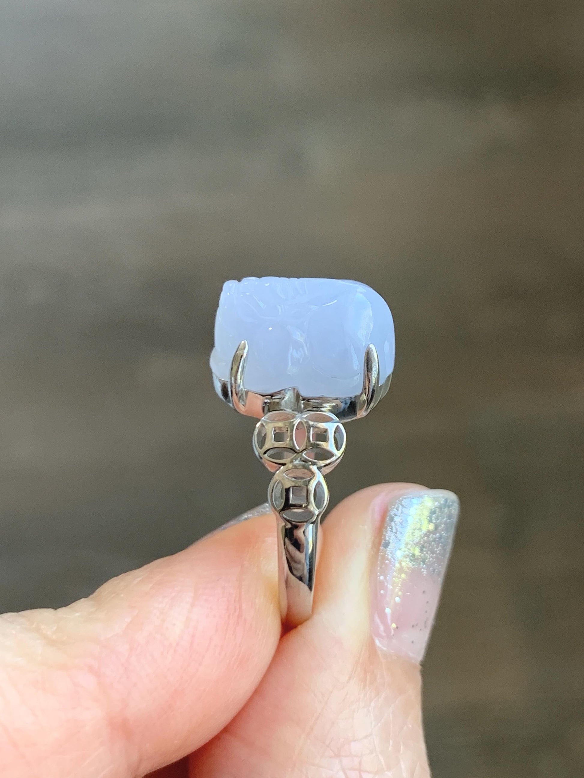 Certified Natural Grade A Icy Translucent Pastel Purple Jade Jadeite Pixiu Ring Sterling Silver size 7.25 US 4.54g 天然细糯冰淡紫底翡翠貔貅银镶戒指 181