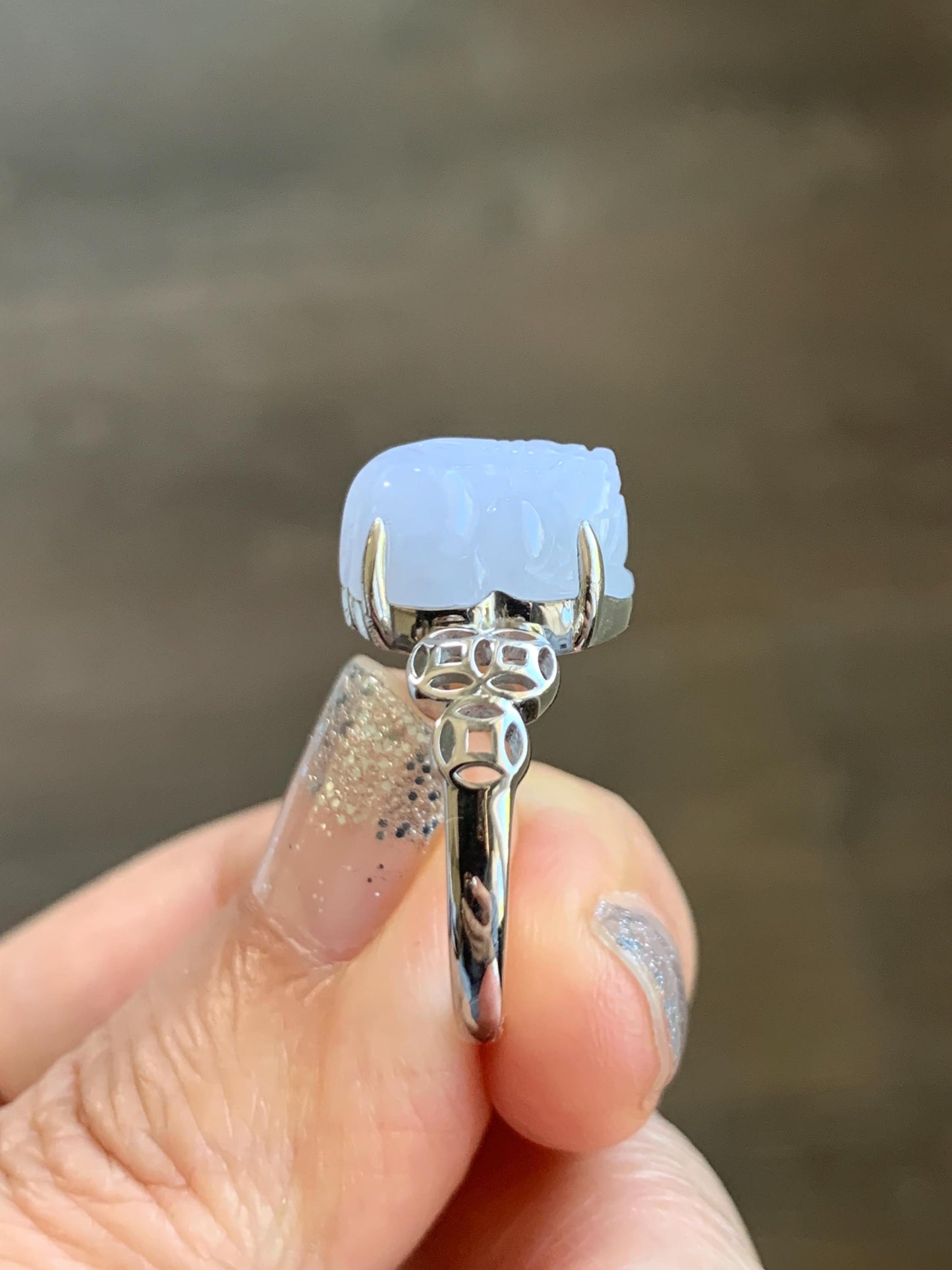 Certified Natural Grade A Icy Translucent Pastel Purple Jade Jadeite Pixiu Ring Sterling Silver size 7.25 US 4.54g 天然细糯冰淡紫底翡翠貔貅银镶戒指 181