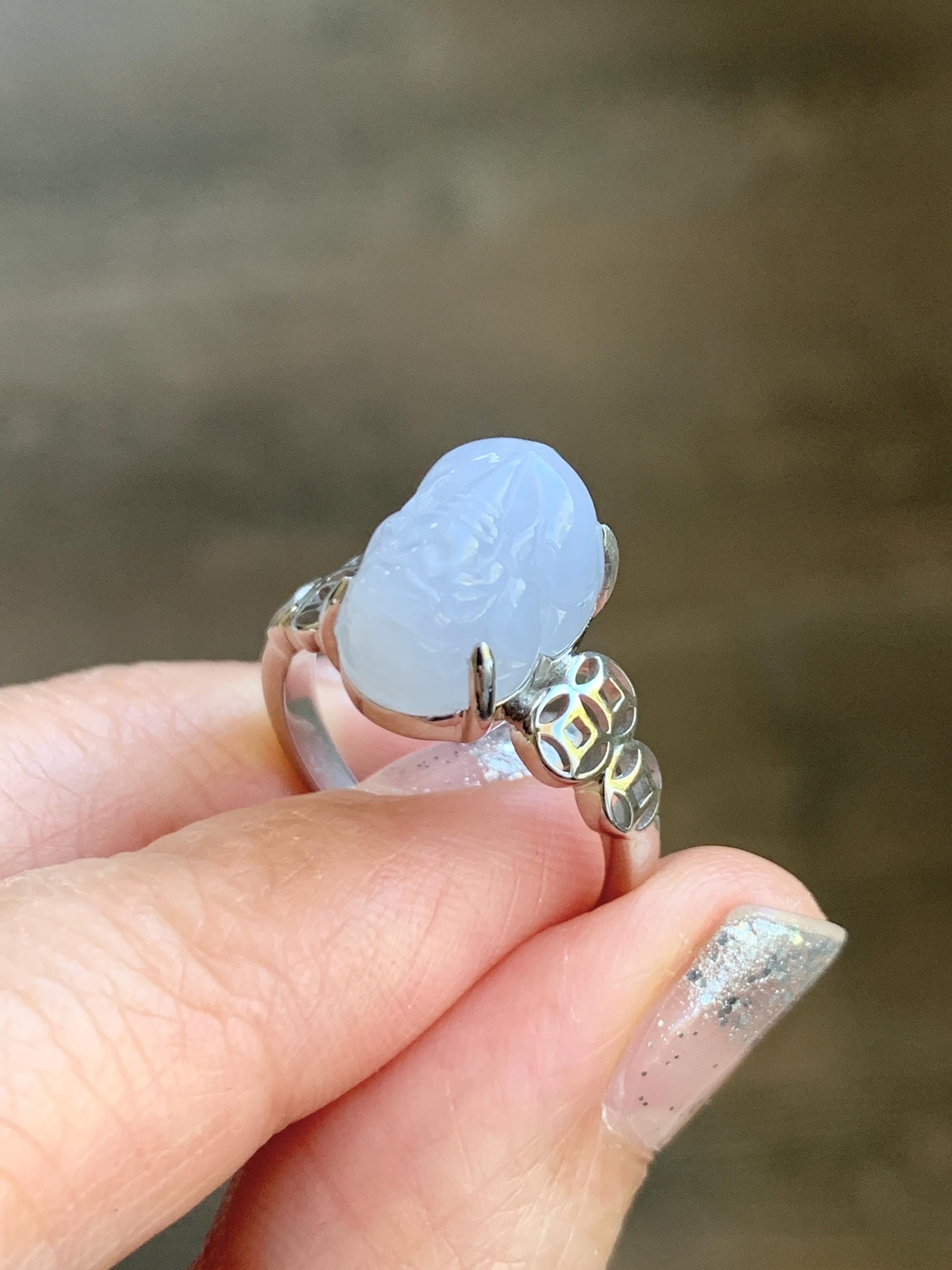 Certified Natural Grade A Icy Translucent Pastel Purple Jade Jadeite Pixiu Ring Sterling Silver size 7.25 US 4.54g 天然细糯冰淡紫底翡翠貔貅银镶戒指 181