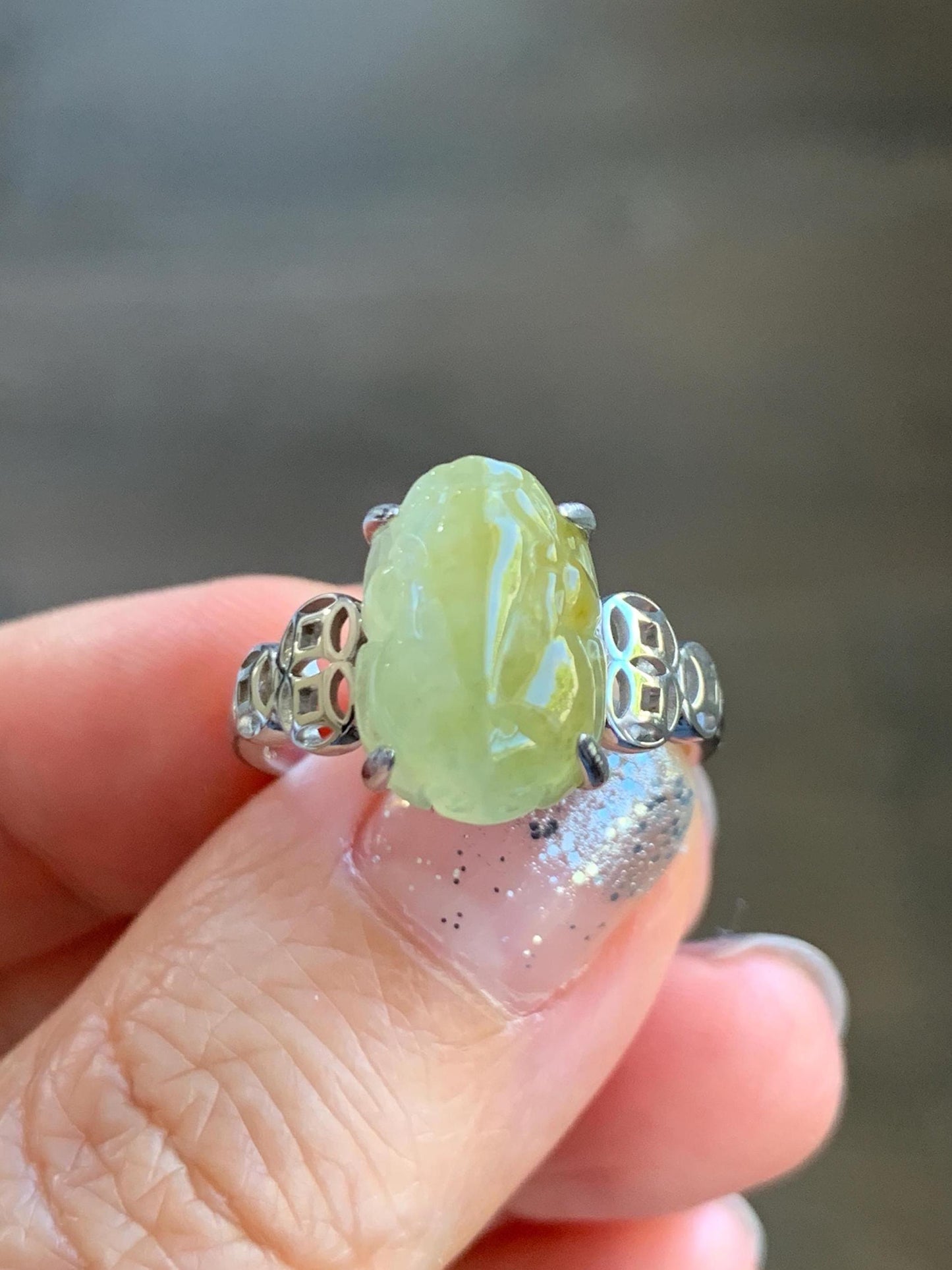 Certified Natural Grade A Icy Highly Translucent Bright Yellow Jade Jadeite Pixiu Ring Sterling Silver size 7.25 US 4.55g 天然冰胶黄翡翠貔貅银镶戒指 182