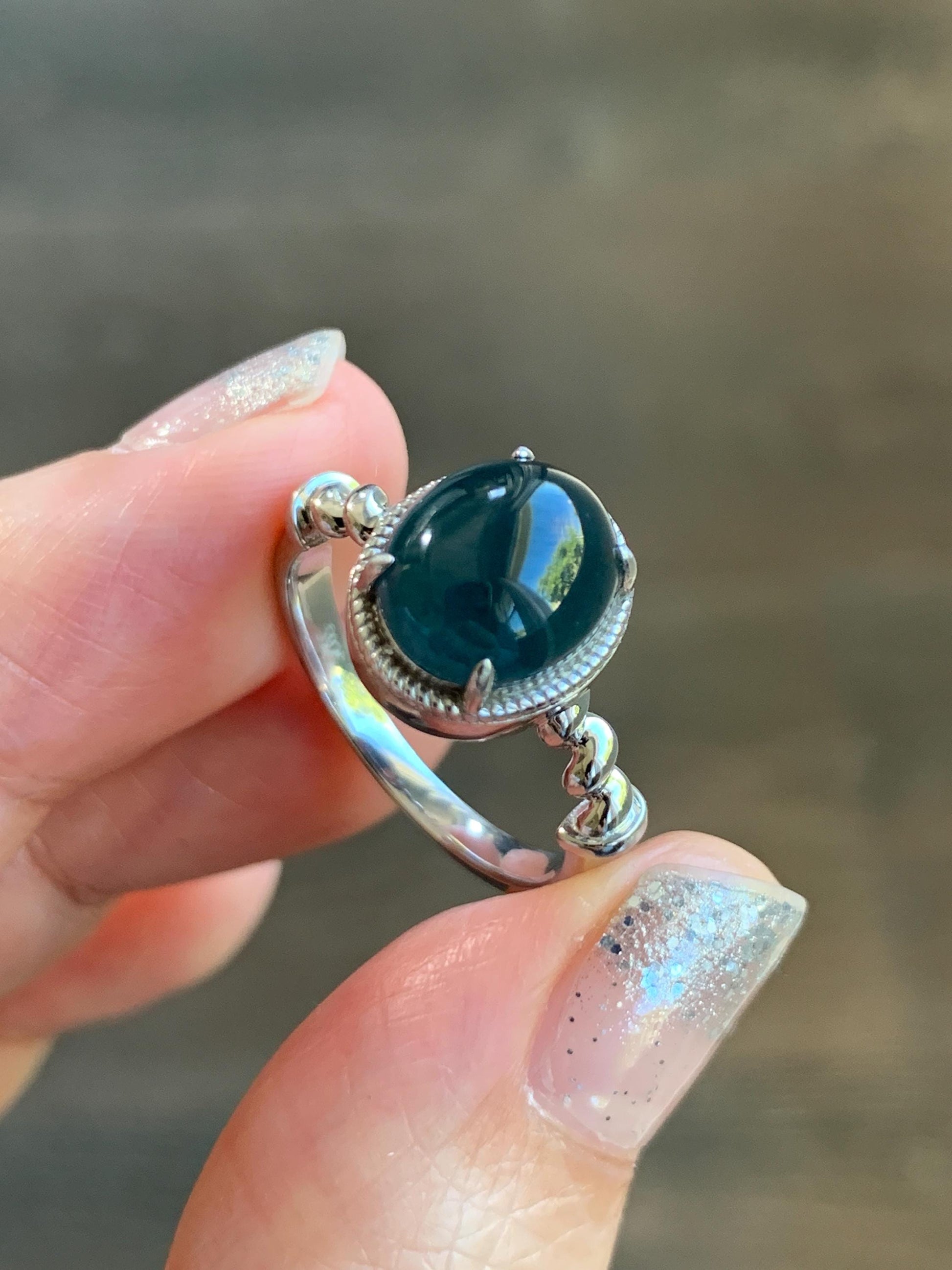 Certified Natural Grade A Guatemalan Icy Translucent Midnight Blue Jadeite Solitaire Ring Sterling Silver Size 7.25US 天然冰危老蓝水翡翠蛋面镶嵌戒指185