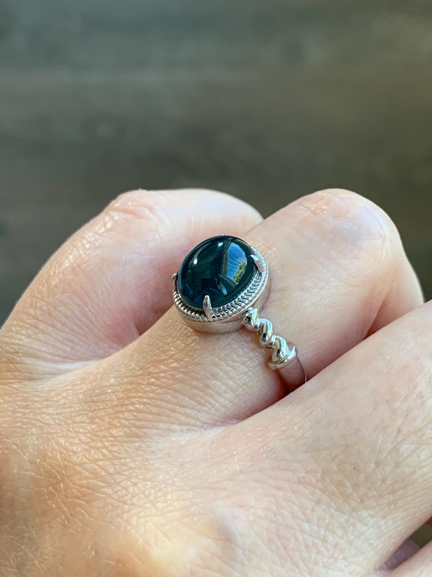 Certified Natural Grade A Guatemalan Icy Translucent Midnight Blue Jadeite Solitaire Ring Sterling Silver Size 7.25US 天然冰危老蓝水翡翠蛋面镶嵌戒指185