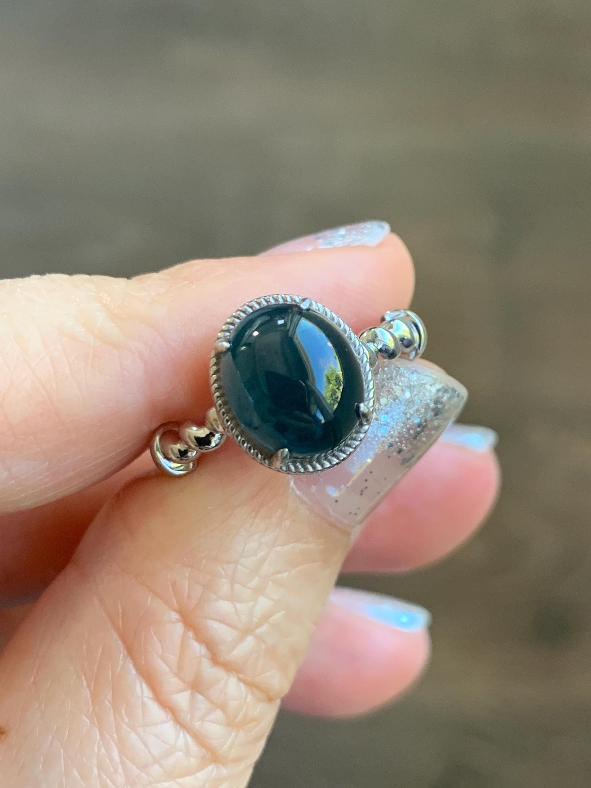 Certified Natural Grade A Guatemalan Icy Translucent Midnight Blue Jadeite Solitaire Ring Sterling Silver Size 7.25US 天然冰危老蓝水翡翠蛋面镶嵌戒指185