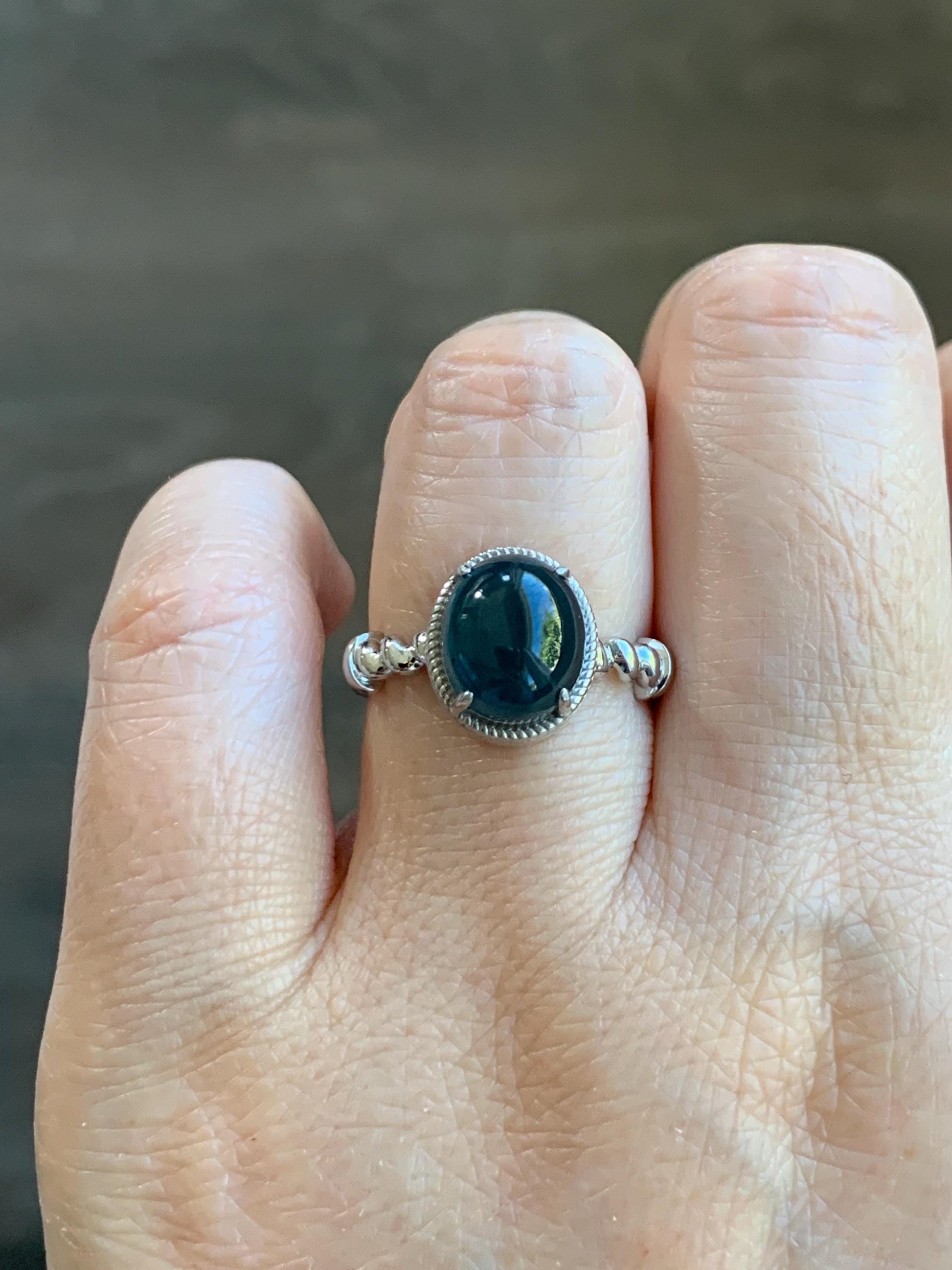 Certified Natural Grade A Guatemalan Icy Translucent Midnight Blue Jadeite Solitaire Ring Sterling Silver Size 7.25US 天然冰危老蓝水翡翠蛋面镶嵌戒指185