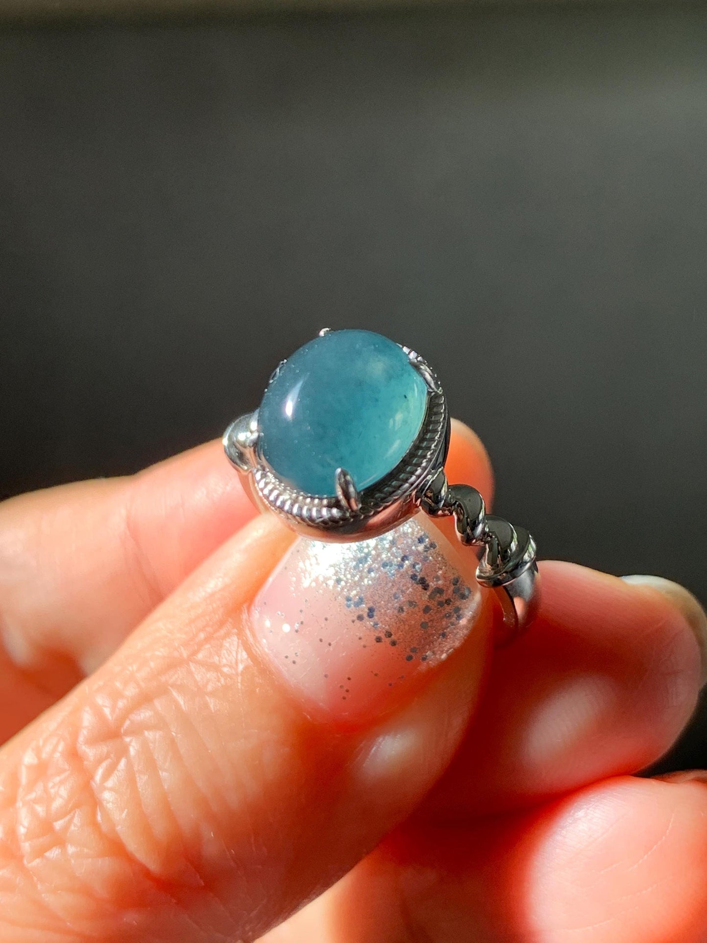 Certified Natural Grade A Guatemalan Icy Translucent Midnight Blue Jadeite Solitaire Ring Sterling Silver Size 7.25US 天然冰危老蓝水翡翠蛋面镶嵌戒指185