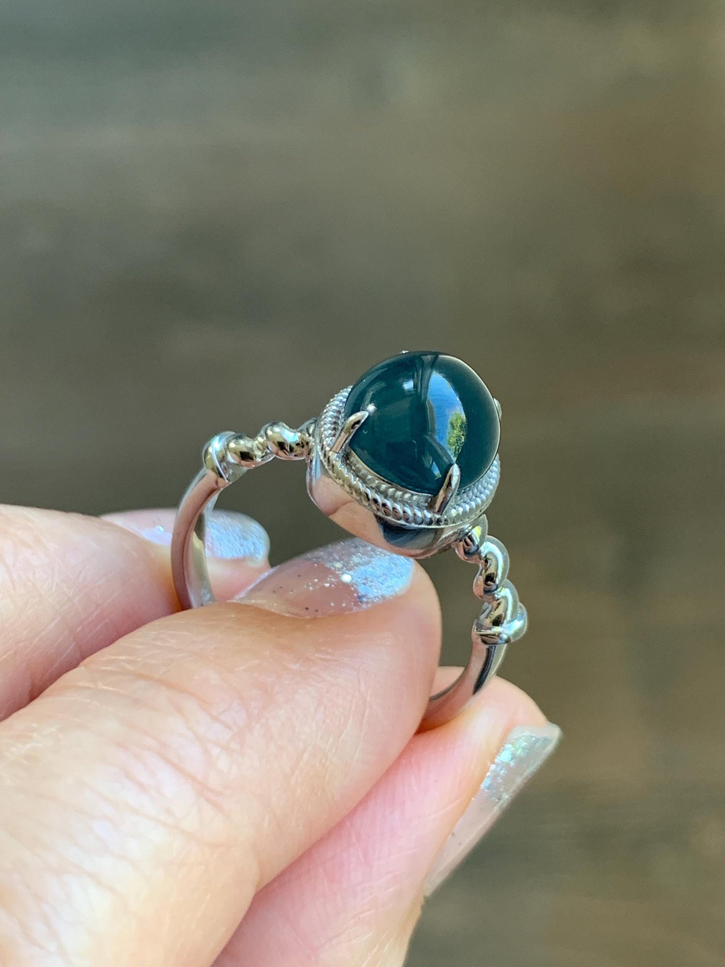 Certified Natural Grade A Guatemalan Icy Translucent Midnight Blue Jadeite Solitaire Ring Sterling Silver Size 7.25US 天然冰危老蓝水翡翠蛋面镶嵌戒指185