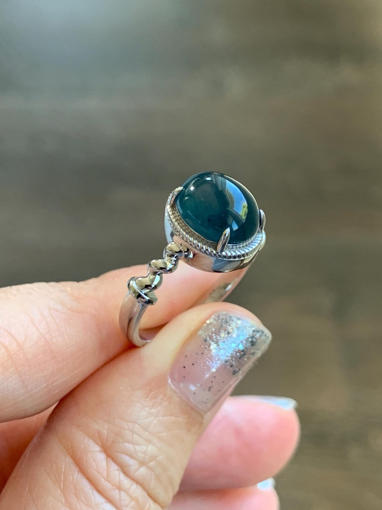Certified Natural Grade A Guatemalan Icy Translucent Midnight Blue Jadeite Solitaire Ring Sterling Silver Size 7.25US 天然冰危老蓝水翡翠蛋面镶嵌戒指185