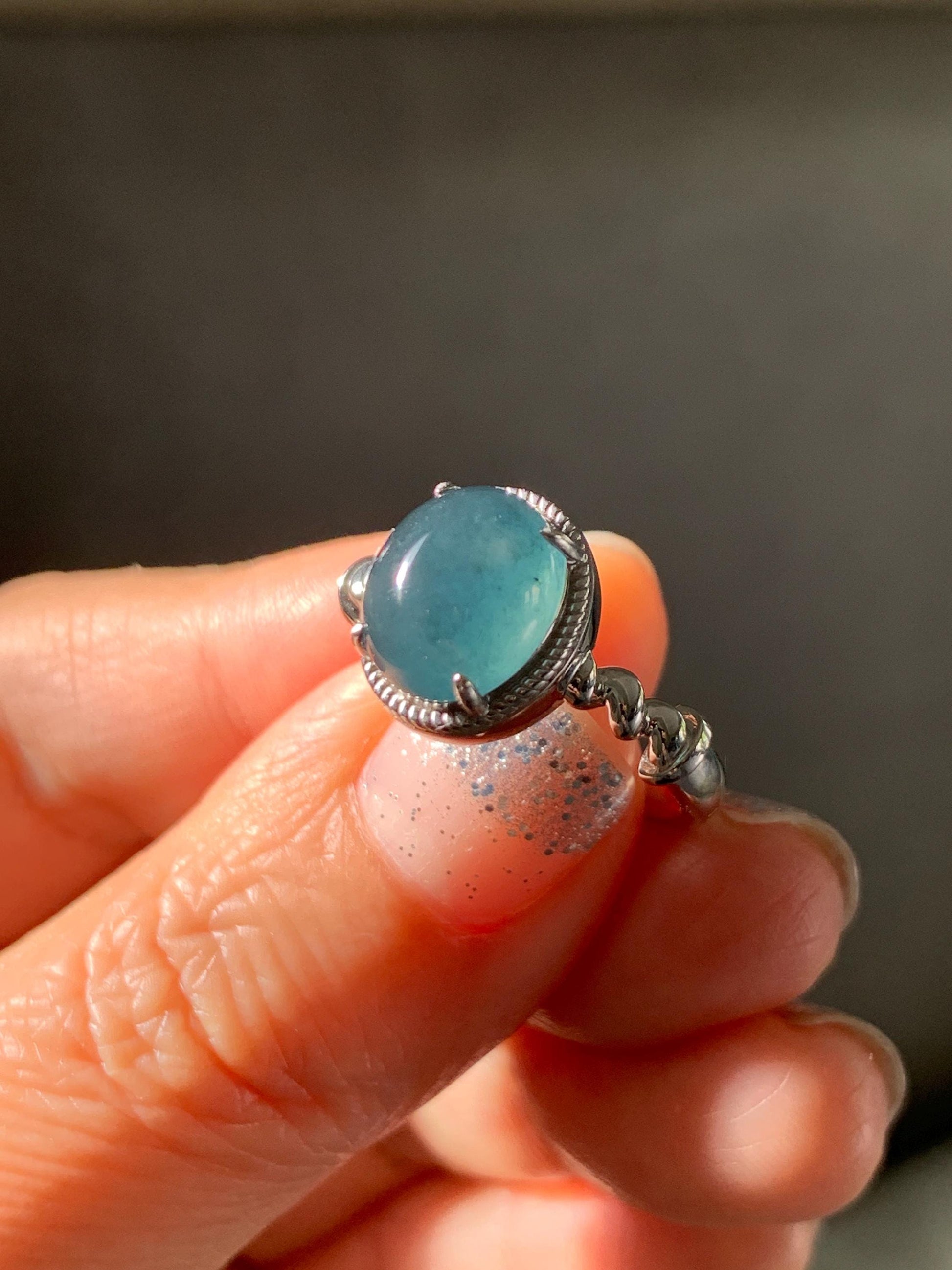 Certified Natural Grade A Guatemalan Icy Translucent Midnight Blue Jadeite Solitaire Ring Sterling Silver Size 7.25US 天然冰危老蓝水翡翠蛋面镶嵌戒指185