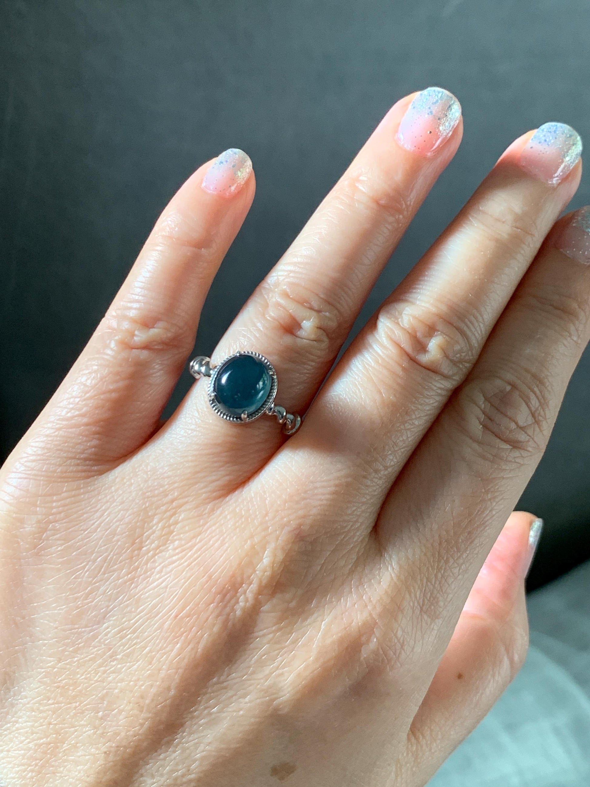 Certified Natural Grade A Guatemalan Icy Translucent Midnight Blue Jadeite Solitaire Ring Sterling Silver Size 7.25US 天然冰危老蓝水翡翠蛋面镶嵌戒指185