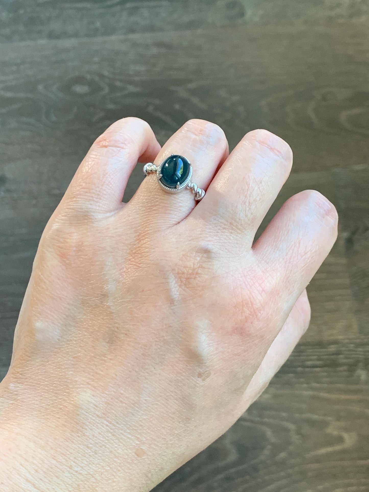 Certified Natural Grade A Guatemalan Icy Translucent Midnight Blue Jadeite Solitaire Ring Sterling Silver Size 7.25US 天然冰危老蓝水翡翠蛋面镶嵌戒指185