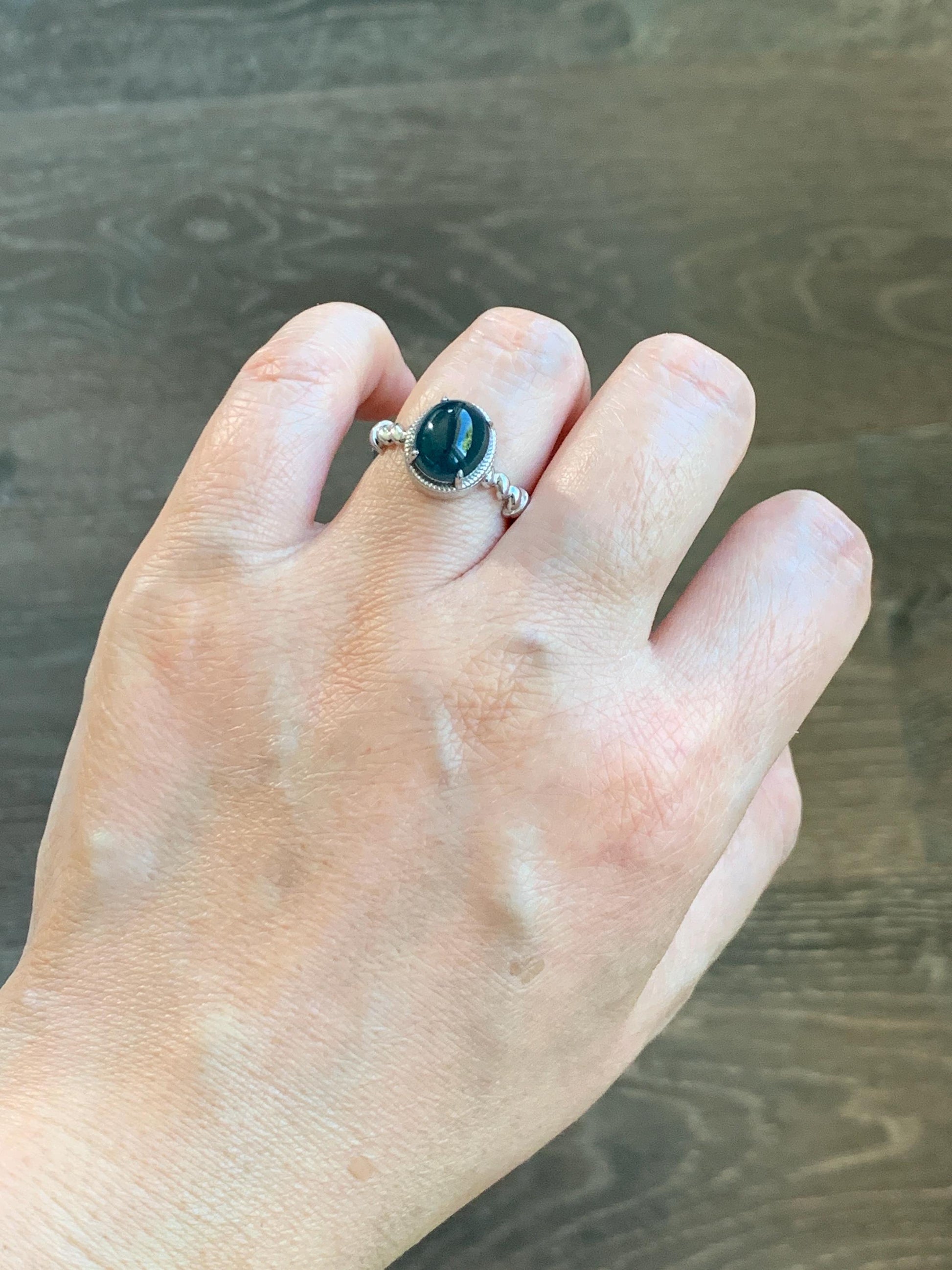 Certified Natural Grade A Guatemalan Icy Translucent Midnight Blue Jadeite Solitaire Ring Sterling Silver Size 7.25US 天然冰危老蓝水翡翠蛋面镶嵌戒指185