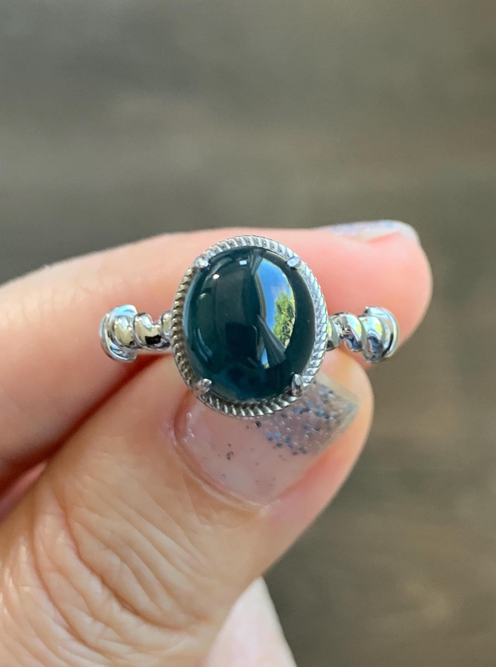 Certified Natural Grade A Guatemalan Icy Translucent Midnight Blue Jadeite Solitaire Ring Sterling Silver Size 7.25US 天然冰危老蓝水翡翠蛋面镶嵌戒指185