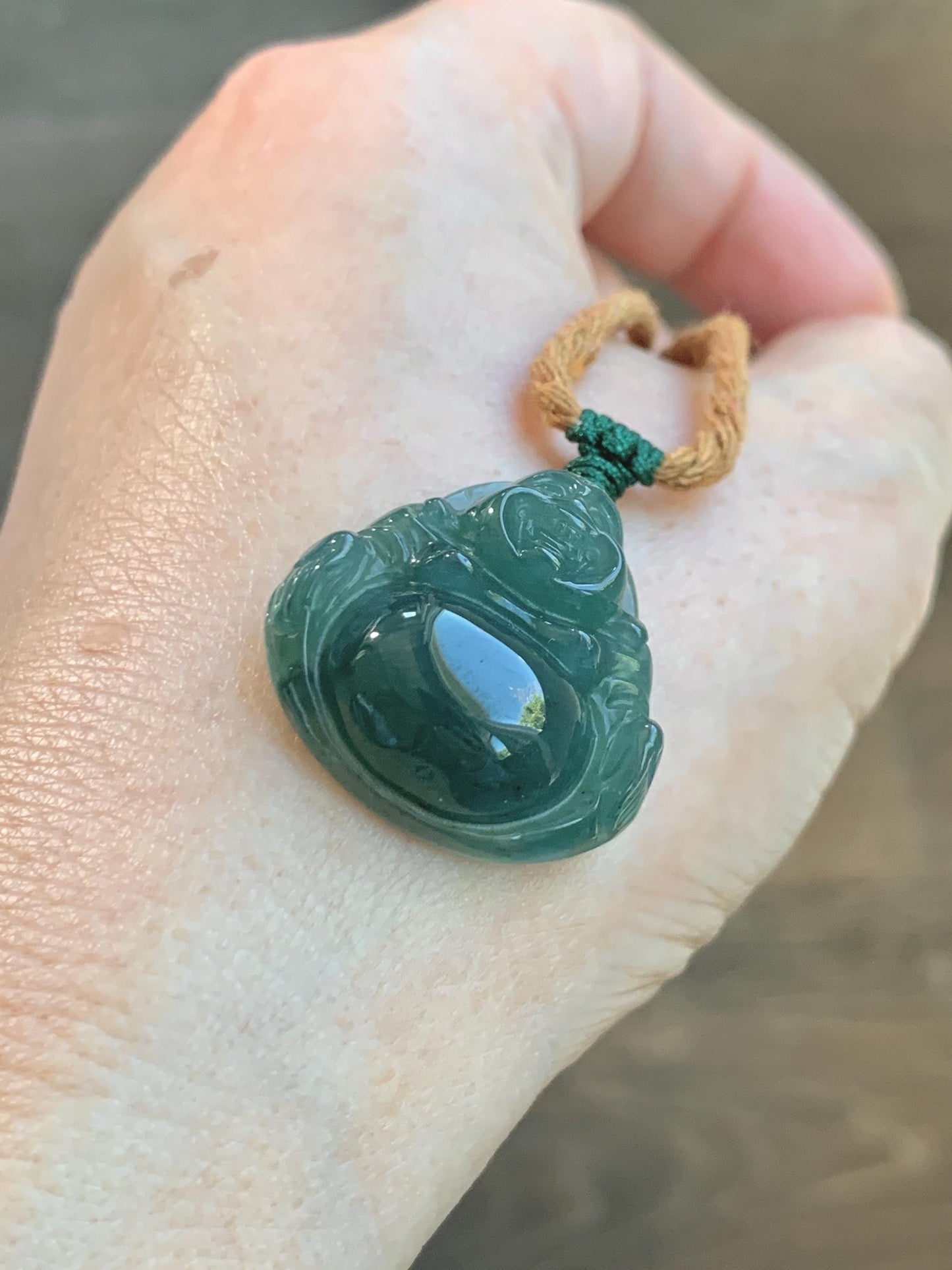 Natural Grade A Guatemalan Icy Translucent Dark Teal Green Jade Jadeite Thick Buddha Pendant Rope Necklace 26.5" 9g 天然冰危蓝绿翡翠厚佛公吊坠 HWF88