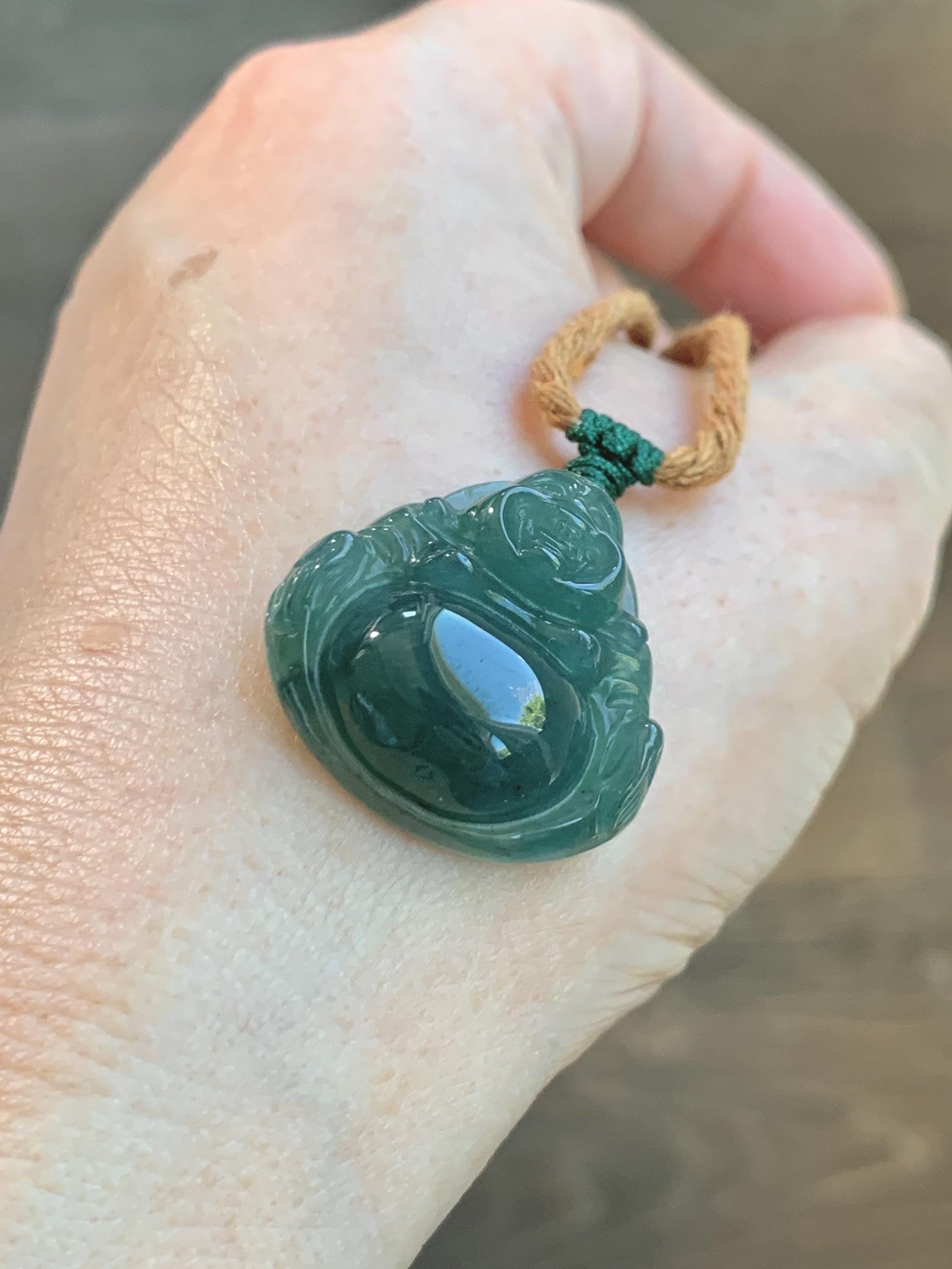 Natural Grade A Guatemalan Icy Translucent Dark Teal Green Jade Jadeite Thick Buddha Pendant Rope Necklace 26.5" 9g 天然冰危蓝绿翡翠厚佛公吊坠 HWF88