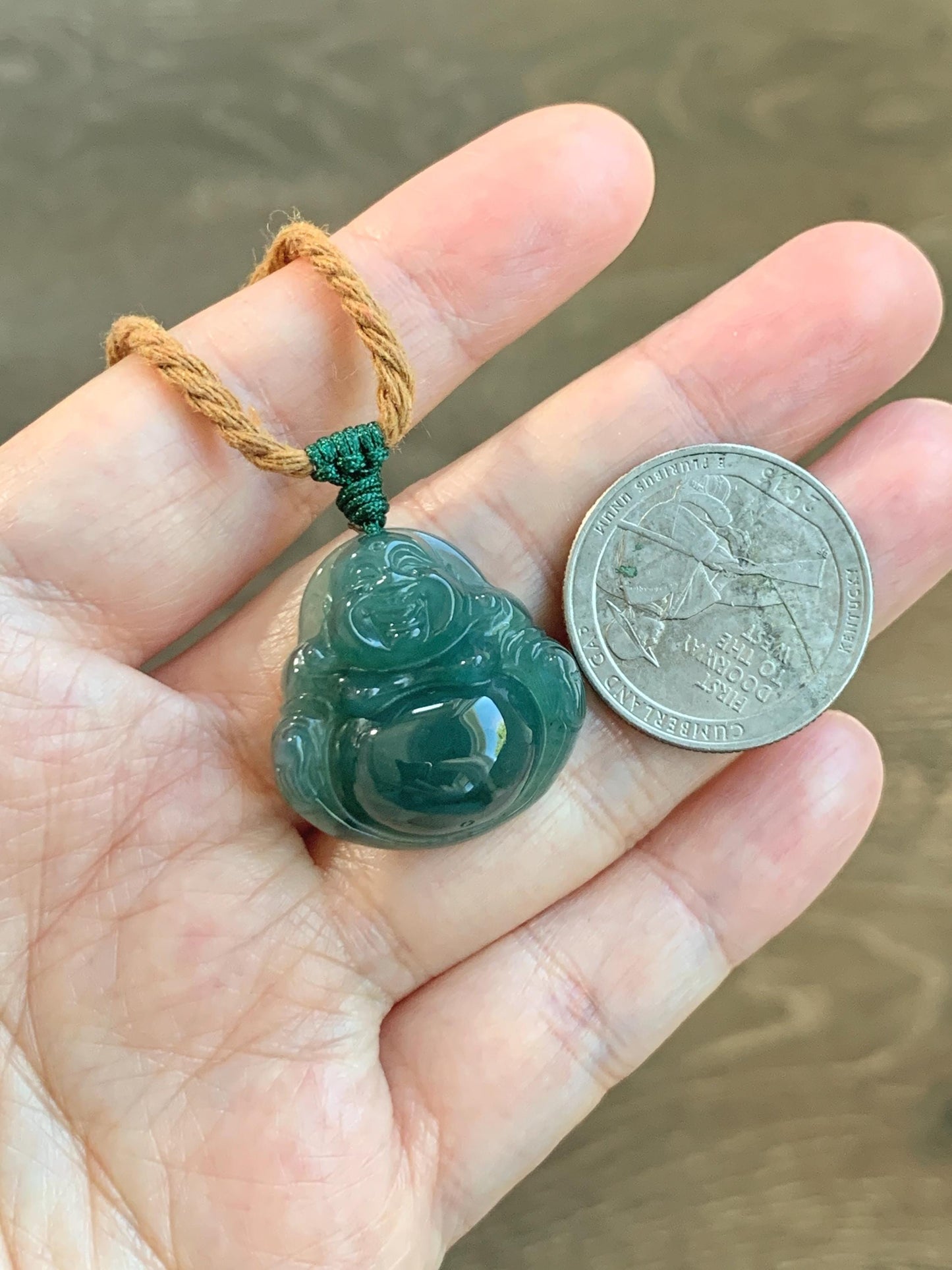 Natural Grade A Guatemalan Icy Translucent Dark Teal Green Jade Jadeite Thick Buddha Pendant Rope Necklace 26.5" 9g 天然冰危蓝绿翡翠厚佛公吊坠 HWF88