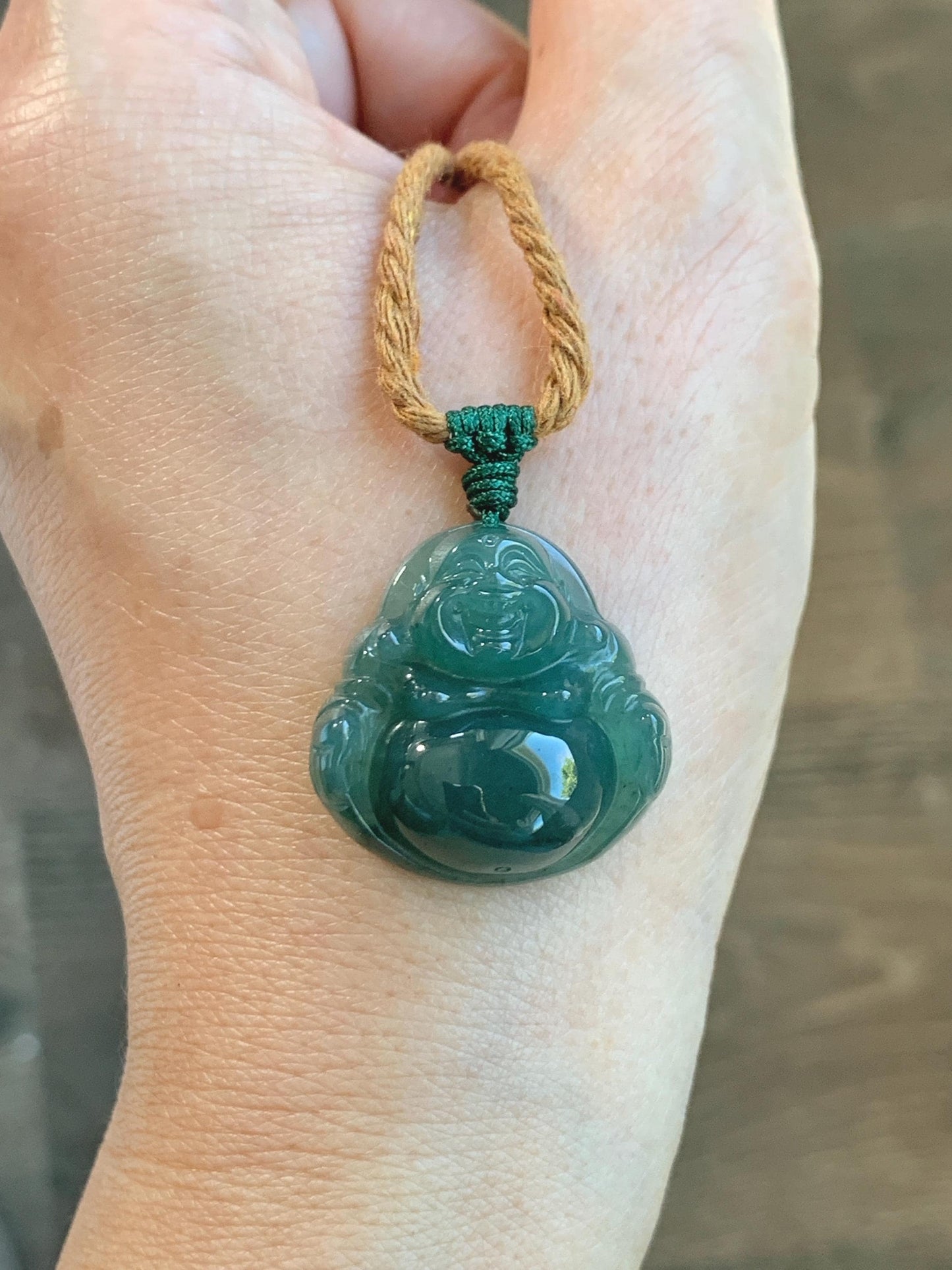 Natural Grade A Guatemalan Icy Translucent Dark Teal Green Jade Jadeite Thick Buddha Pendant Rope Necklace 26.5" 9g 天然冰危蓝绿翡翠厚佛公吊坠 HWF88