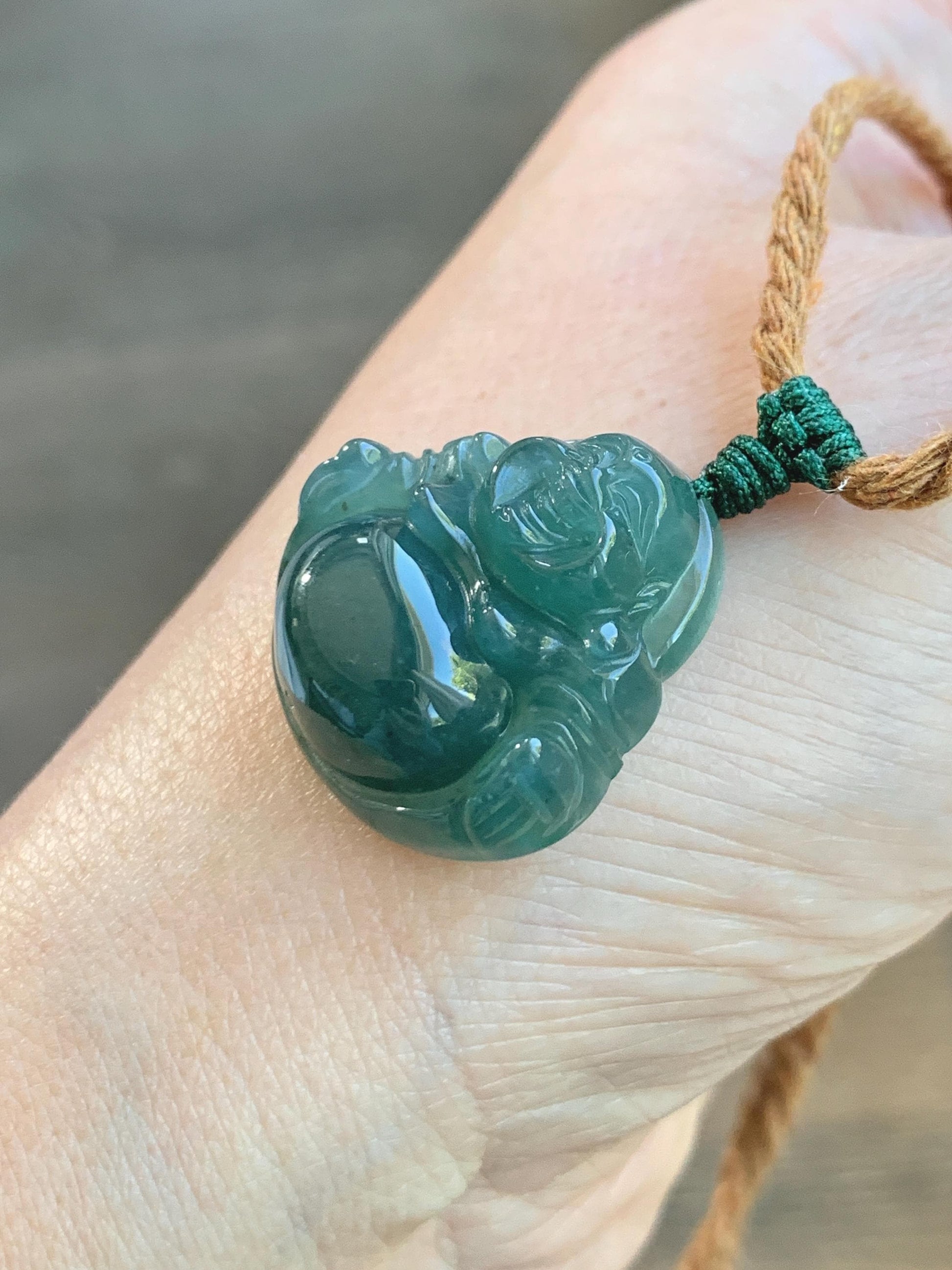 Natural Grade A Guatemalan Icy Translucent Dark Teal Green Jade Jadeite Thick Buddha Pendant Rope Necklace 26.5" 9g 天然冰危蓝绿翡翠厚佛公吊坠 HWF88