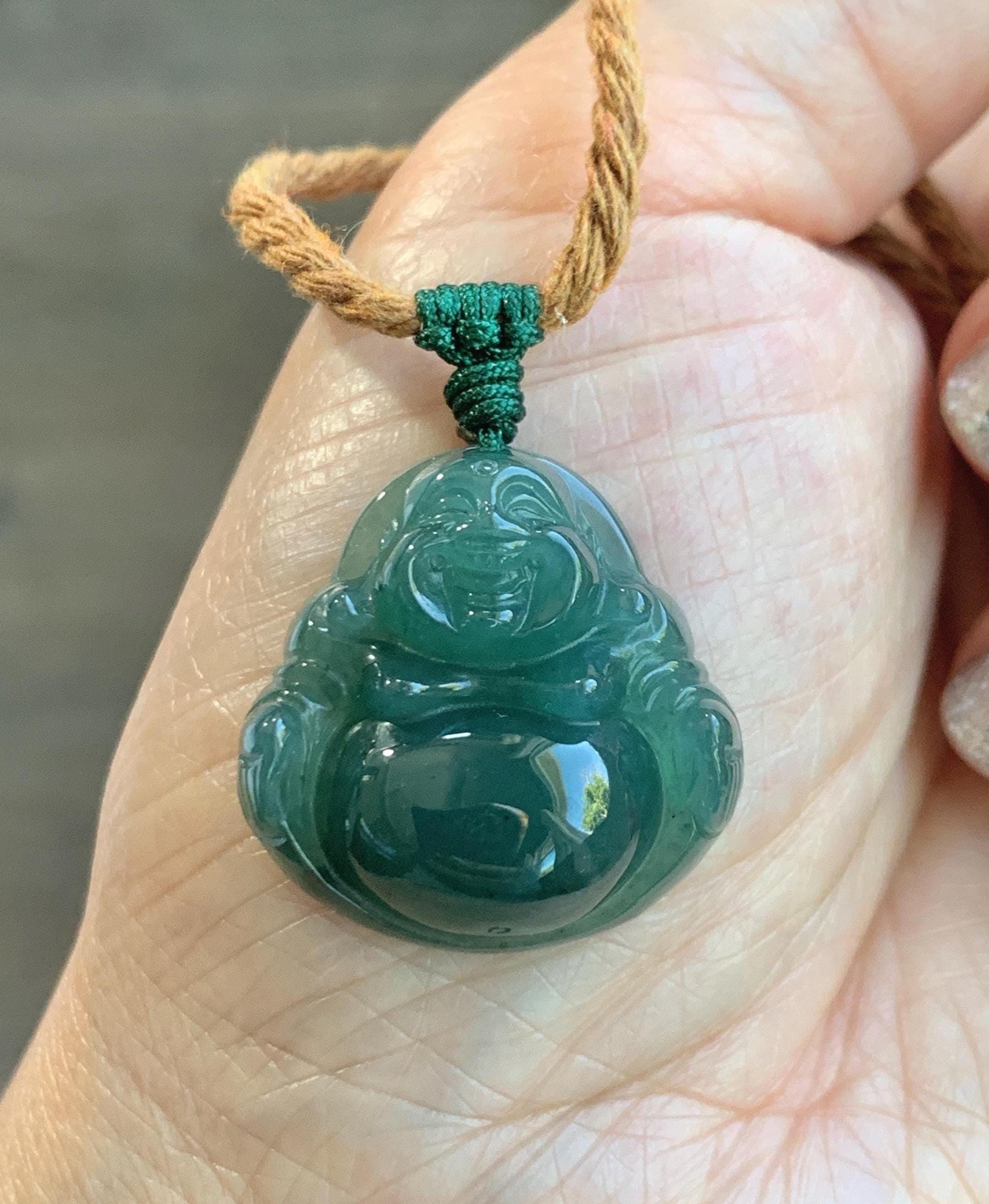 Natural Grade A Guatemalan Icy Translucent Dark Teal Green Jade Jadeite Thick Buddha Pendant Rope Necklace 26.5" 9g 天然冰危蓝绿翡翠厚佛公吊坠 HWF88