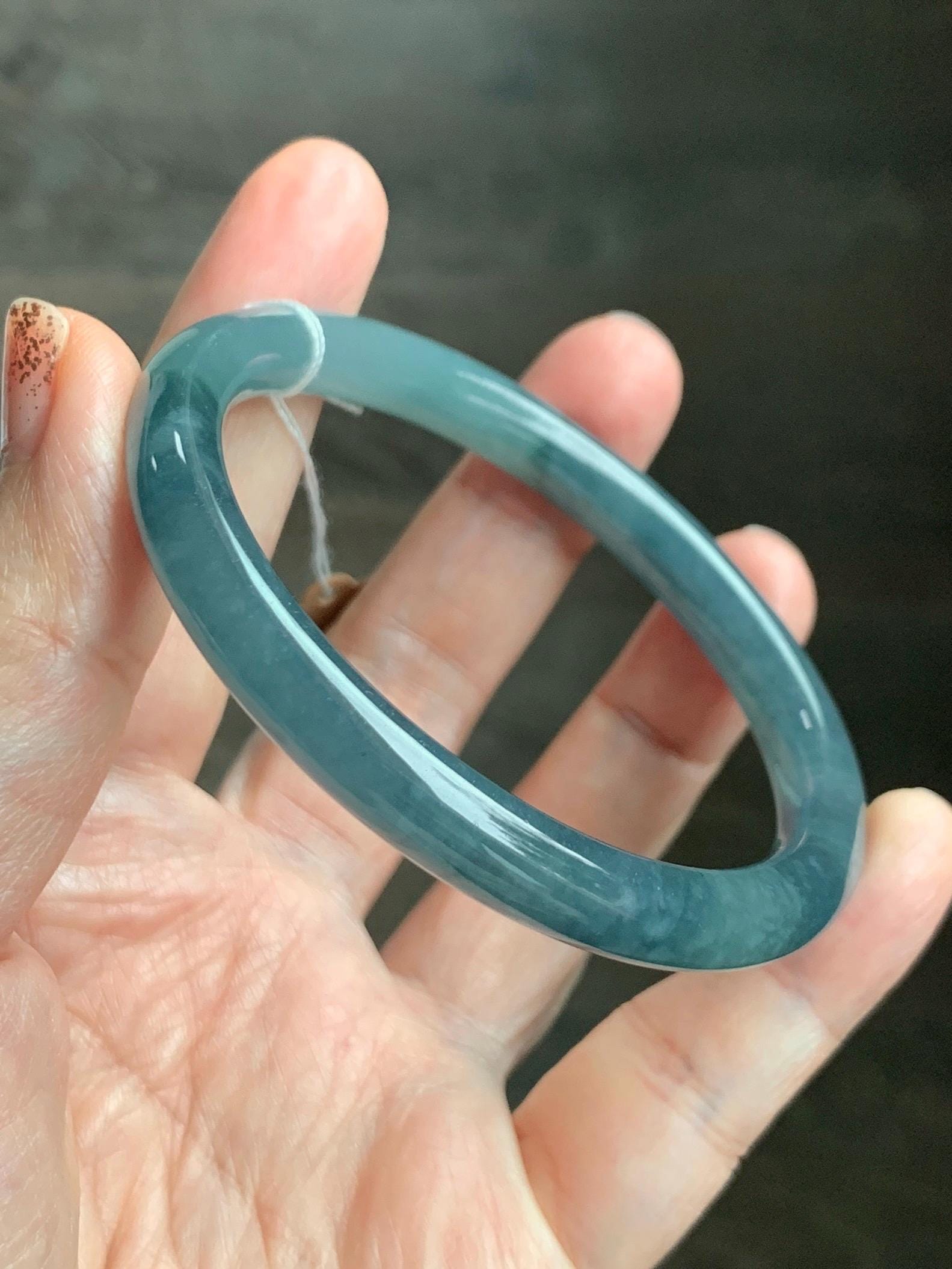 Certified Natural Grade A Guatemalan Icy Translucent Dark Teal Blue Jade Jadeite Bangle 58.5mm 7.23” 32g 天然冰危蓝翡翠圆条手镯 472