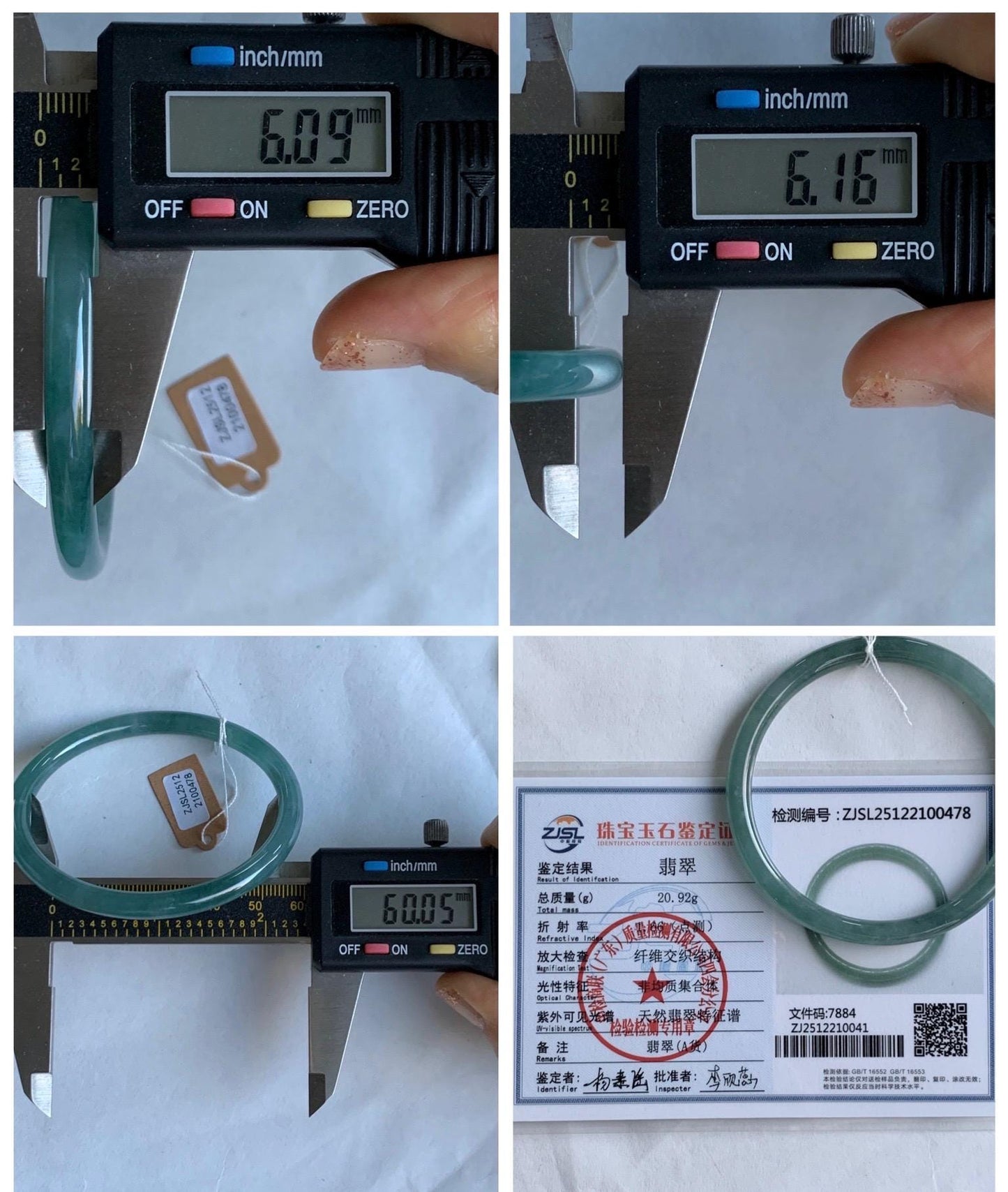 Certified Natural Grade A Guatemalan Icy Translucent Dusty Teal Green Jade Jadeite Slim Bangle 60mm 7.42” 21g 天然冰危晴蓝翡翠细圆条手镯 461