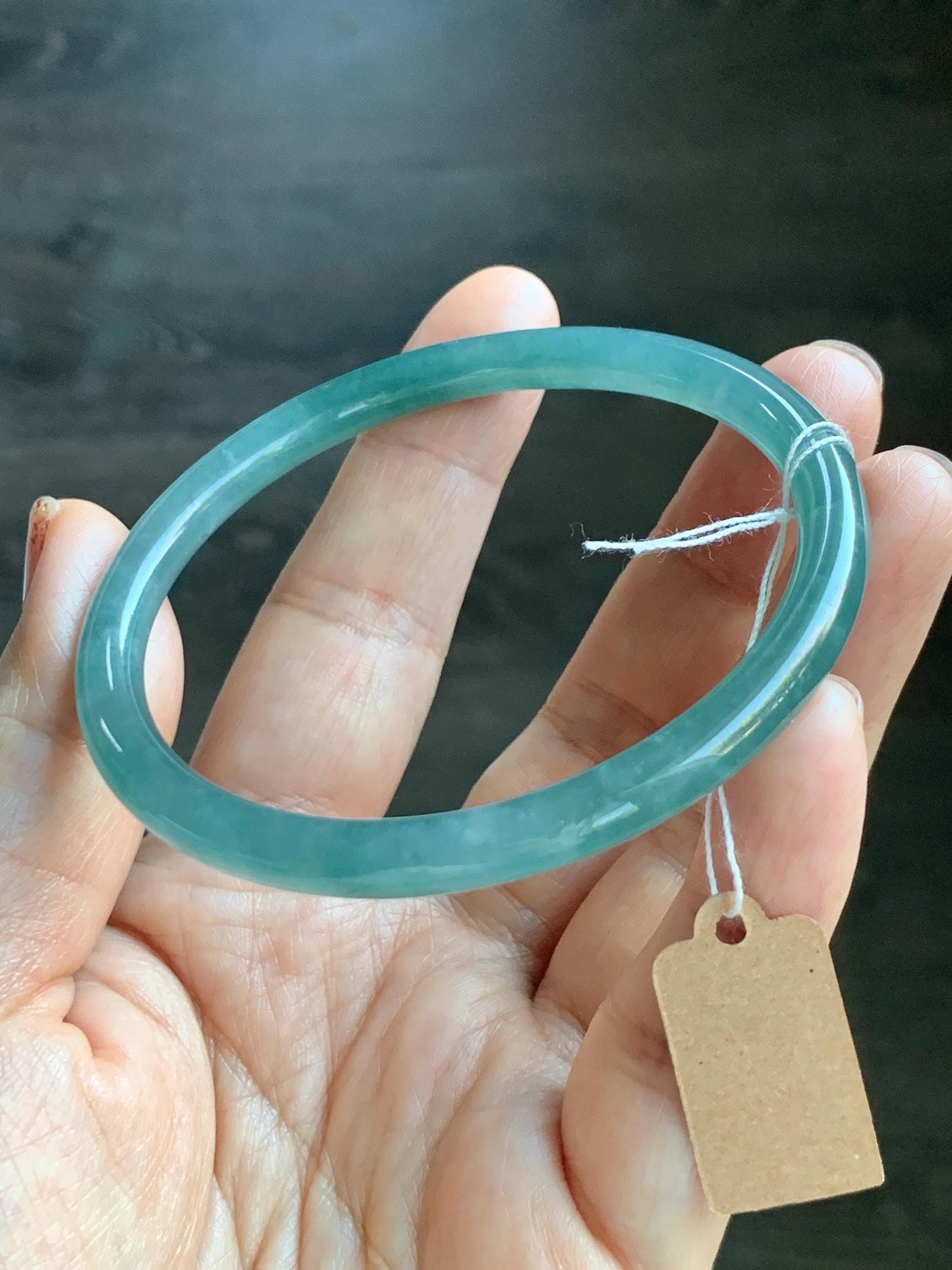 Certified Natural Grade A Guatemalan Icy Translucent Dusty Teal Green Jade Jadeite Slim Bangle 60mm 7.42” 21g 天然冰危晴蓝翡翠细圆条手镯 461