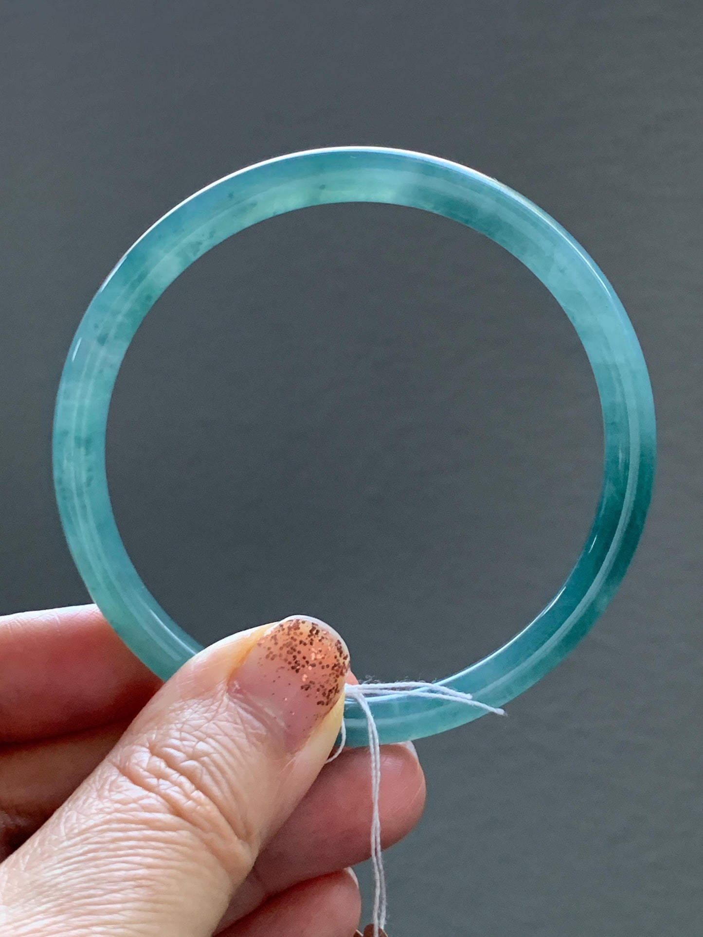 Certified Natural Grade A Guatemalan Icy Translucent Dusty Teal Green Jade Jadeite Slim Bangle 60mm 7.42” 21g 天然冰危晴蓝翡翠细圆条手镯 461